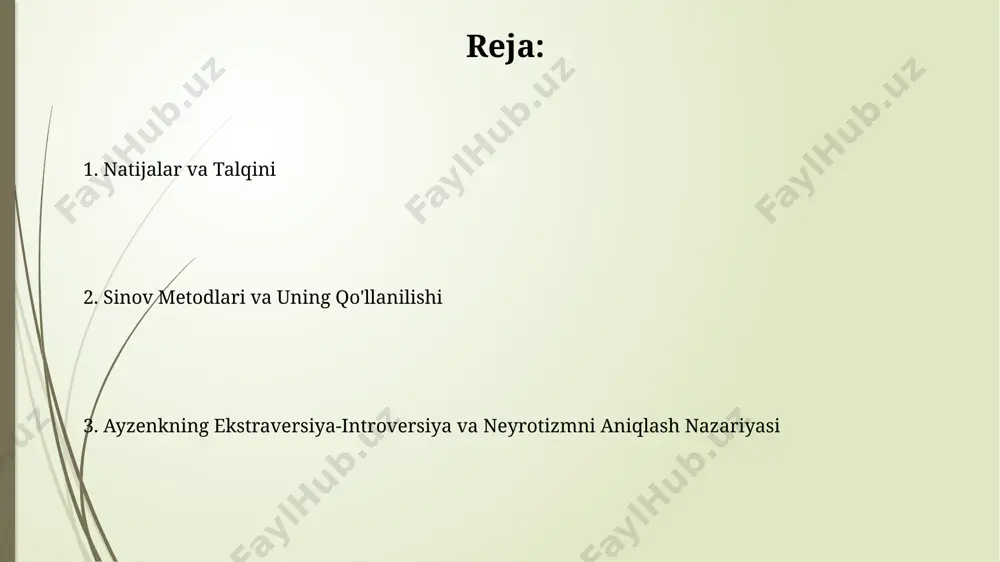 sning ekstraversiya-introversiya va nevrozizm darajalarini 16 ta o'lchov bo'yicha aniqlash imkonini beradi, bu esa 1940-yillardagi buyuk britaniyada o'tkazilgan tadqiqotlarga asoslangan. psixotiplar: ekstravert, introvert va ularning aralash turlari ayzenkning psixotiplar nazariyasi 4 shkalali (ekstraversiya, introversiya, nevrozizm va psixotizm) testlar orqali 1960-yillarda buyuk britaniyada shaxsning psixotiplarini aniqlashga imkon berdi. ekstravert va introvertlar o'rtasidagi farqlar miqdoriy emas, balki sifat jihatdan farq qiladi, ayzenk 16 ta psixotiplarni aniqladi, ularning har biri london va boshqa yirik shaharlarda o'tkazilgan tadqiqotlarda o'rganildi. tadqiqot metodologiyasi va natijalar tadqiqot london va amerika qo'shma shtatlaridagi turli universitetlarda o'tkazilib, ma'lumotlar ommaviy namunalar asosida to'plangan va faktor tahlili yordamida qayta ishlangan. natijalar ekstraversiya va nevrozizm o'lchovlari orasidagi ijobiy korrelyatsiyani, shuningdek, individual farqlarni aniqlashda testning yuqori ishonchlilik koeffitsiyentini (masalan, 0.8 dan yuqori) ko'rsatdi. ayzenkning shaxsiyat tuzilmasi modeli ayzenkning modeli, psixologik tadqiqotlarda keng qo'llaniladigan bo'lib, uning 2-jahon urushi davridagi angliyada paydo bo'lishi va keyinchalik dunyo bo'ylab ko'plab mamlakatlarda o'zgartirilgan va qo'llanilganligi bilan ajralib turadi. …