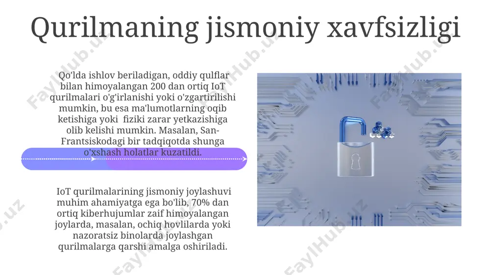. zararli dasturlardan himoya 01 02 zararli dasturlardan himoya qilish uchun, masalan, aes-256 kabi kuchli shifrlash algoritmlaridan foydalanish va muntazam ravishda dasturiy ta'minotni yangilash juda muhimdir. sales 1st qtr 2nd qtr 100 0 sales 1st qtr 2nd qtr 100 0 iot qurilmalarining xavfsizlikka oid zaif tomonlari arzon iot sensorlari, masalan, 5 dollardan arzonroq bo'lganlar, ko'pincha dasturiy ta'minot yangilanishlarini qo'llab-quvvatlamaydi, bu esa ularni xavfsizlikka oid kamchiliklarga nisbatan zaif qiladi va butun dunyo bo'ylab tarmoqqa ulangan qurilmalarning xavfsizligini tahdid qiladi. iot qurilmalarining ko'pchiligi, xususan, 2010 yildan keyin ishlab chiqarilganlari, zaif shifrlash algoritmlaridan foydalanadi, bu esa aqsh va yevropa kabi rivojlangan mamlakatlarda ham millionlab qurilmalarning kiberhujumlarga moyilligini oshiradi. ma’lumotlarning maxfiyligi va yaxlitligi xitoyda ishlab chiqarilgan arzon iot sensorlari, ko'pincha 128 bitli shifrlashdan kamroq xavfsizlik protokollari bilan jihozlangan bo'lib, bu esa ma'lumotlar buzilishi xavfini sezilarli darajada oshiradi. iot qurilmalari orqali 2023 yilda dunyo bo'ylab 5 milliarddan ortiq qurilma orqali yig'ilgan shaxsiy ma'lumotlarning xavfsizligi va …