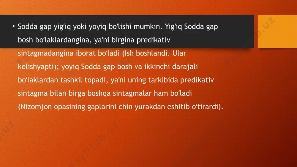 ilar, gap va so‘z birikmalarining lison-nutq farqlanishi nuqtayi nazaridan izchil tavsifini berdilar hamda o‘z tadqiqotlarida so‘z birikmasi, sodda gap, qo‘shma gap, so‘z-gaplarning substansial mohiyati, lisoniy-sintaktik qoliplarini ishlab chiqishdi nomlari sanab o‘tilgan tilshunoslar gapning eng kichik qurilish qolipini lisoniy birlik sifatida qabul qilishdi. o‘zbek tilshunosligi rus tilshunosligi zamirida rivojlanganligi, shuningdek, logik oqimning ta’siri tufayli sodda gaplar [s–p] qolipida tasvirlandi va talqin etildi. gap haqida zamonaviy ta’limot yaratgan zabardast olim a.g‘ulomov va uning izdoshlari o‘zbek tilida gap qurilishiga rus tilining grammatik qurilishiga xos me’yor va qoidalar asosida yondashdilar. image2.png image3.png image1.png /docprops/thumbnail.jpeg
