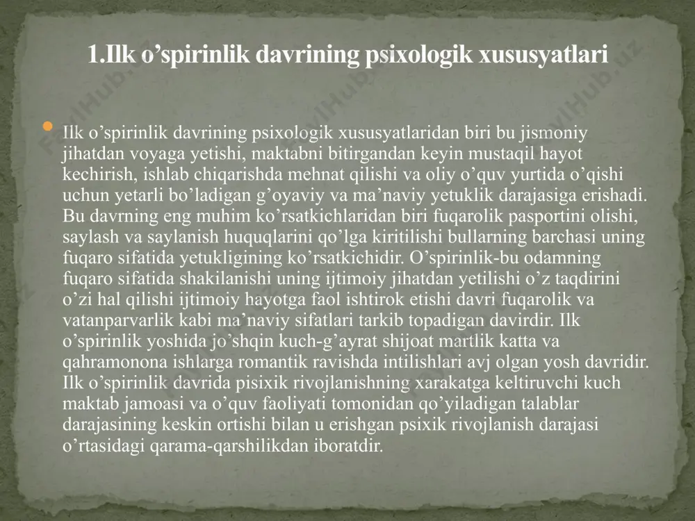 r bo’yicha mavjud holati tashvishlantirsa, shunday holatda har doim unda o’z xarakteriga talluqli shaxsiy mazmundagi muammosini ham aniqkash mumkun bo’ladi 2.ilk o’spirinlik yoshida shaxsning rivojlanishi shaxsni shakilanish va rivojlanish omillari shaxs biologik ijtimoiy insonning individual psixologik xususyatlari noosfera tibbiy axborot texnik muhit obekt aqliy-tarbiya-tabiatan berlgan aqliy kuch, ruhiy holat, biluchanlik va faoliyat ekanligini rivojlantirish natijasida insonda mustaqil fikr yuritish oldiga maqsad qo’ya olish hamda ko’zlagan maqsadiga yetishish qobilyatini shakillantirishdir. alq-kishining o’z idroki qalbi va fikri orasida dunyoviy, hayotiy haqiqatlarni anglash va ularga o’z faoliyatidama’naviy-insoniynuqtai nazardan amal qiish imkoniniberuvchi va inson kamolotining harakatlantiruvchi kuchi bo’lib uning yordamida odam hayotda o’z o’rni va nufuziga ega bo’ladi. 3.o’quv faoliyati va aqliy rivojlanish ijtimoiy fanlar fakultetining milliy g’oya ma’naviyat asoslari va huquq ta’limi yo’nalishining talabasi sharofova odinaxoning umumiy psixologiya fanidan tayyorlagan mustaqil ishi etiboringiz uchun rahmat image3.jpg image4.jpg image5.jpg /docprops/thumbnail.jpeg
