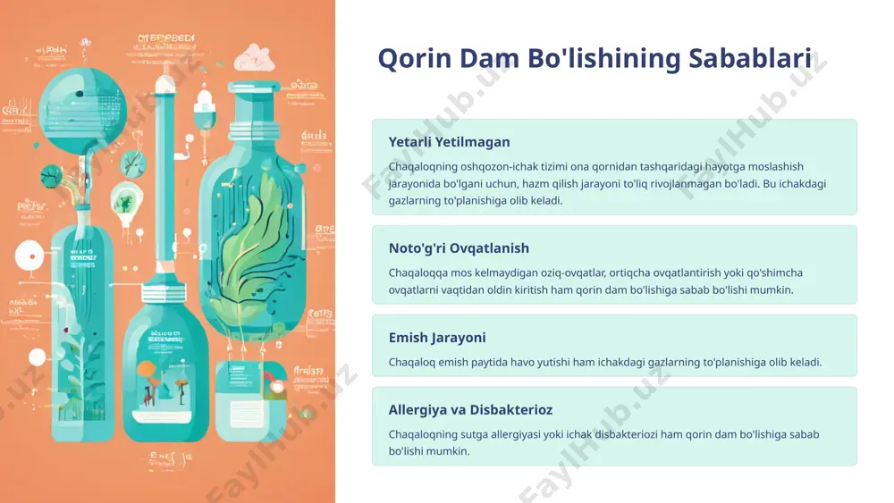 tanlash, ortiqcha ovqatlantirish va qo'shimcha ovqatlarni vaqtidan oldin kiritmaslik muhim. emish texnikasi chaqaloqni to'g'ri qo'yish, emish paytida havo yutishining oldini olish kerak. jismoniy faollik chaqaloqning oyoqlarini erkin harakatlantirishiga imkon berish va muntazam qorin massajini amalga oshirish foydali. 5 chaqaloqlarda qorin dam bo'lishini boshqarish to'g'ri oziqlanish chaqaloqqa mos keladigan oziq-ovqatlarni tanlash va ortiqcha ovqatlantirmaslik muhim. qorin massaji kundalik qorin massaji chaqaloqning holatini yaxshilashga yordam beradi. jismoniy faollik chaqaloqning oyoqlarini erkin harakatlantirishiga imkon berish foydali. tibbiy yordamga murojaat agar muammo davom etsa, shifokor bilan maslahatlashish kerak. 6 chaqaloqlarda qorin dam bo'lishining oqibatlari bezovtalanish qorin dam bo'lishi chaqaloqni bezovta qiladi va uyqu buzilishiga olib keladi. ota-ona stressi chaqaloqning bezovtalanishi ota-onalarni ham stressga soladi. sog'liq muammolari agar muammo davom etsa, chaqaloqning umumiy sog'lig'iga salbiy ta'sir ko'rsatishi mumkin. 7 chaqaloqlarda qorin dam bo'lishini oldini olish ovqatlanish rejimi chaqaloqqa mos keladigan oziq-ovqatlarni tanlash va ortiqcha ovqatlantirmaslik muhim. emish texnikasi chaqaloqni to'g'ri qo'yish va emish paytida havo …