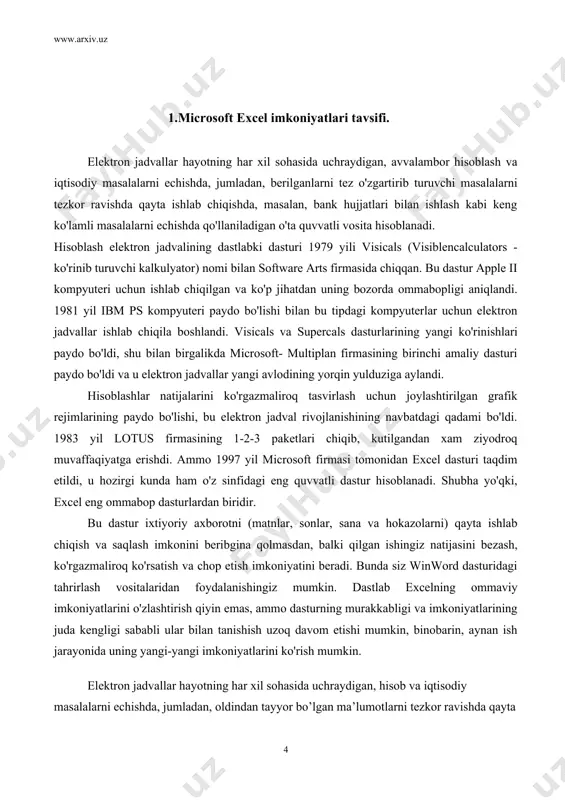 a turishi mumkin.кatak o’z adresi bilan aniqlangan bo’lib, u adres ustun nomi va satr nomeridan iborat bo’ladi. maydon deb yonma-yon joylashgan kataklar guruhiga aytiladi. maydonning adresini ko’rsatish uchun uning yuqori chap va pastki o’ng kataklarining adresini ikki nuqta bilan ajratib ko’rsatish kerak ana shu kataklarga matn yoki raqam , yoxud matematik formulalar yoziladi. masalan: a1,c4, c24, aa2... bundan tashqari, excel dasturi ma’lumotlar ombori (mo) bilan ishlash, visual basic for applications dasturlash tilida makroslar yaratish kabi imkoniyatlarga egaki, bu foydalanuvchiga har tomonlama mukammal bo’lgan hujjatlar tayyorlashga yordam beradi. excel dasturini ishga yuklash jarayoni quyidagicha: 1. кompyuter yoqiladi. ekranda muloqat oynasi paydo bo’lib, foydalanuvchi ismi va paroli so’ralsa, ular kiritilib «enter» tugmasi bosiladi. 2. «sichqoncha» ko’rsatkichi ekranning quyi qismida joylashgan pusk (start) tugmasiga keltirilib, chap tugmasi bosiladi. 3. «sichqoncha» ko’rsatkichi «programmo’» bandiga keltiriladi va tugmacha bosiladi.(1-rasm) 4. dasturlar ro’yxatidan microsoft excel tanlanadi va «sichqoncha» tugmasi bosiladi, natijada dasturning ishga tushish jarayoni boshlanib, …