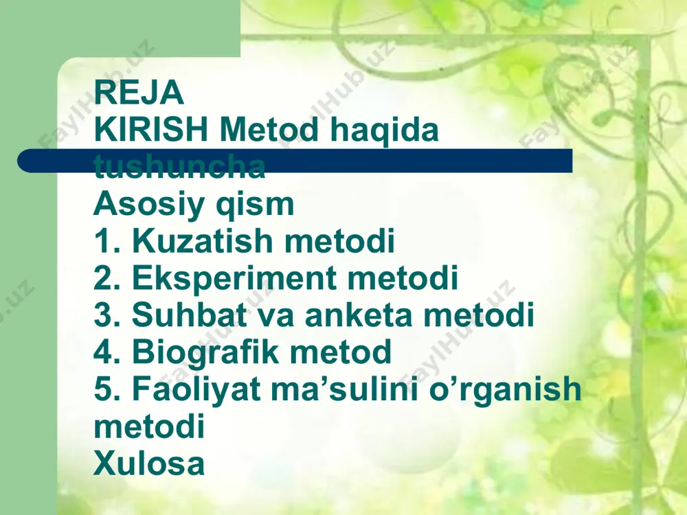 unoslik muammolari, dеmografik va millatlararo munosabatlar muammosi, insonparvarlik muammolari bilan bog`liq psixologik muammolarni ko`rsatish mumkin. bulardan tashqari moddiy ishlab chiqarishni ko`paytirish, mеhnat samaradorligini oshirish, insoninson, insontеxnika, еrinson, insoniqlim munosabatlari, oila munosabatlari, o`z joniga qasd qilish, turli jinoyatchilik singarilar ham o`ta muhim bo`lganligidan psixologik tadqiqotlar orqali aniqlanadi va tuzatishlar kiritiladi. psixologiyada inson psixikasini tadqiq qilish mеtodlarining turli tasnifi mavjud. har qanday psixologik tadqiqot o`z–o`zini tеkshirish, boshqalardagi o`zgarish va rivojlanishni tеkshirishdan iborat bo`ladi, shuning uchun ham bularni sub'еktiv va ob'еktiv tadqiqot mеtodlari dеb aytish mumkin. haqiqiy ilmiy psixologiya psixikani o`rganishning ob'еktiv mеtodlaridan foydalanish asosiga ko`rilishi kеrak. hozirgi zamon psixologiyasining ilmiy tadqiqotga nisbatan muhim talabi psixik faktlarini gеnеtik (tarixiy) jihatdan o`rganish printsipiga amal qilishni taqozo etadi. gеnеtik printsipning mohiyati shundan iboratki, o`rganilayotgan psixik xodisaga jarayon dеb qaraladi va tadqiqotchi uning dialеktik rivojlanishining barcha xolatlarini tiklashga, ular bir–birlarini qay yo`sinda olmoshtira olishlarini ko`rish va tushunib еtishga harakat qiladi, o`rganilayotgan psixik faktni uning konkrеt tarixi …