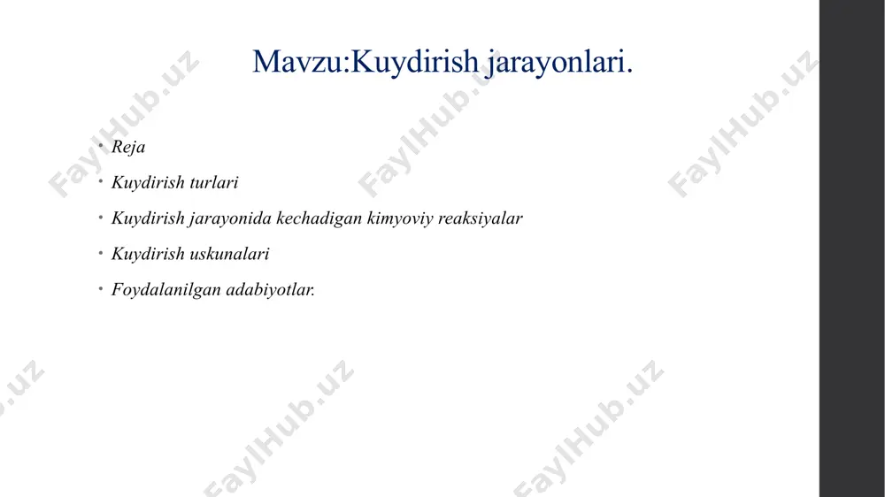 ruvchi kuydirishning harorati esa 850–1050 °c. xlorlovchi kuydirish noyob metallar metallurgiyasida keng qo‘llaniladi. uning yordamida ko‘pgina noyob metallar: germaniy,titan, tantal neobiy, serkoniy va boshqalar xomashyodan uchuvchan xlorli birikmalar holida ajratib olinadi. jarayon pechlarda xlor cl2ishtirokida olib boriladi. aglomeratsion kuydirish – oksidlovchi kuydirishning bir turi bo‘lib, kuydirish jarayoni maydalangan, yanchilgan shixtani g‘ovakli bo‘laklash bilan yakunlanadi. ushbu jarayon shixta tarkibiga qo‘yilgan koks kukunining qizigan havo ta’sirida yonishi orqali amalga oshiriladi. jarayon qora metallurgiyada va qo‘rg‘oshin metallurgiyasida qo‘llaniladi. kuydirish jarayonida kechadigan kimyoviy reaksiyalar jarayonning kimyoviy reaksiyalari deb, dastlabki xomashyoda birin-ketin o‘tadigan kimyoviy o‘zgarishlariga aytiladi. jarayonning kimyoviy yakuniy mahsulotlari bilan tavsiflanadi. kuydirish jarayonda kechadigan kimyoviy reaksiyalarni sulfidli rux boyitmasini kuydirish misolida ko‘rib chiqamiz. dastlakbi reaksiyalar uch turda bo‘lishi mumkin: zns + 2o2 = zn so4 zns + 1,5 o2 = zno + so2 zns + o2 = zno + so2 tajribada aniqlangan sulfidni oksidlanishdan boshlab, 900 °c gacha, birinchi qattiq mahsulot bo‘lib zno paydo …