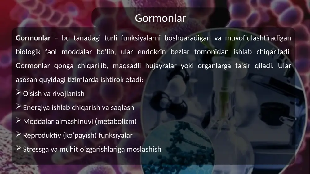 rlarga inyeksiya shaklida yoki boshqa mos shakllarda qo‘llanadi. insulinning ishlatilishi 1-tur diabet: oshqozon osti bezi insulin ishlab chiqarmaydi, shuning uchun tashqi manbadan insulin olish zarur. 2-tur diabet: hujayralar insulin ta'siriga chidamli bo‘lganida yoki uning miqdori yetarli bo‘lmaganida ishlatiladi. kasallikning turiga qarab: tezkor ta’sir qiluvchi insulin: ovqatdan oldin yoki glyukoza darajasini tez pasaytirish uchun qo‘llanadi. uzoq muddat ta’sir qiluvchi insulin: bazal glyukoza nazorati uchun kuniga bir yoki ikki marta yuboriladi. stabilizatsiya qilish: stabilizatsiya qilish: jarrohlik operatsiyalari yoki og‘ir kasalliklar paytida qand miqdorini boshqarish. gestatsion diabet: homiladorlik davrida qand miqdorini nazorat qilishda ishlatiladi. e’tiboringiz uchun rahmat image1.jpeg image2.png image3.jpeg image4.png image5.svg image5.png image7.svg