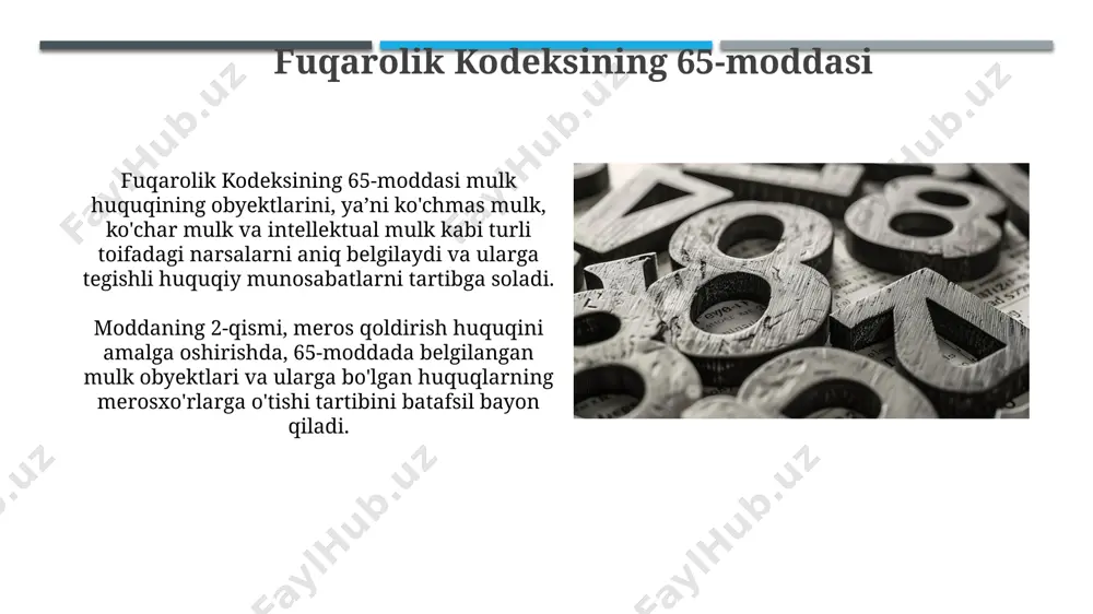 oddasi mulk egalarining huquqlarini himoya qilishda muhim rol o'ynab, huquqiy munosabatlarning aniq va tushunarli bo'lishini ta'minlaydi. modda 62: shartnomaning o'zgarishi va bekor qilinishi 62-modda shartnoma shartlarining o'zgarishi yoki bekor qilinishi taraflarning o'zaro kelishuvi bilan amalga oshirilishi mumkinligini belgilaydi, bunda yozma shakl talab qilinishi mumkin. 62-modda, shartnomaning bekor qilinishi yoki o'zgartirilishi uchun qonunda belgilangan maxsus tartib-taomillarga rioya qilish zarurligini ta’kidlaydi, masalan, ba’zi shartnomalar uchun notariusning tasdiqlashi talab qilinishi mumkin. fuqarolik kodeksining 60-moddasi 60-modda bo'yicha, mulk egasi o'z mulkini to'liq tasarruf etish, undan foydalanish va uni boshqarish huquqiga ega bo'lib, bu huquqlar chegaralangan holatlar bundan mustasno, mutlaq hisoblanadi. modda, shuningdek, mulk obyektlariga bo'lgan huquqlarni cheklash va ularni himoya qilish mexanizmlarini, masalan, gipoteka va servitut kabi institutlar orqali tartibga soladi. e'tiboringiz uchun rahmat @taqdimot_robot image1.jpg image2.jpg image3.jpg image4.jpg image5.jpg image6.jpg image7.jpg image8.jpg image9.jpg image10.jpg image11.jpg image12.jpg image13.jpg image14.jpg image15.jpg image16.jpg image17.jpg