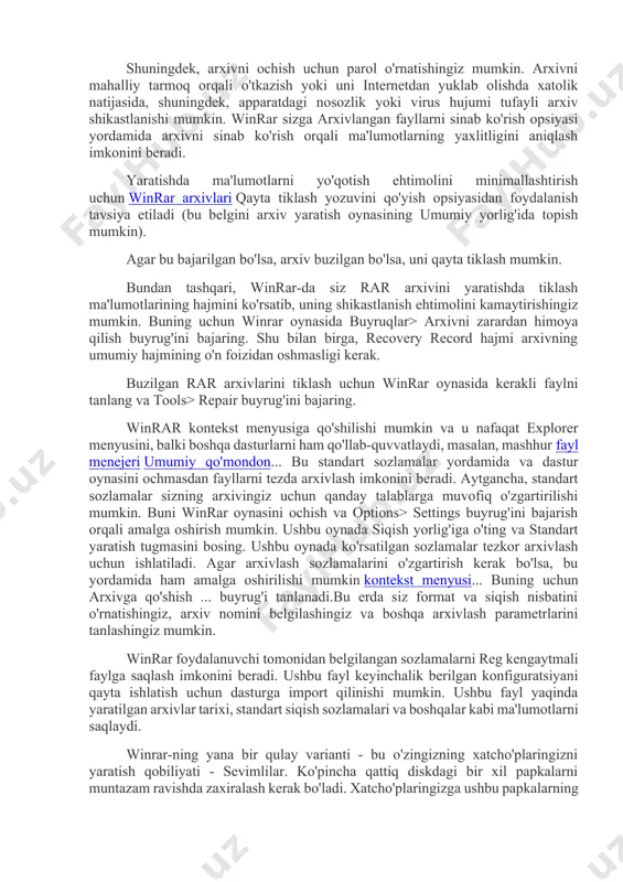 r qiling, sizning arxivingizda ikki yuzta fayl bor. agar u yaratilgan bo'lsa odatiy usul, siz fayllardan birini osongina chiqarib olishingiz mumkin. agar siz qattiq arxivdan foydalansangiz, bu erda kerakli fayl qanday arxivlanganligi muhim bo'ladi. agar u ikkinchi yuzning o'rtalarida bo'lsa, uni ochish uchun dastur unga yetguncha 150 ta faylni ochishi kerak bo'ladi. arxivlarni shu tarzda yaratish katta yo'qotishlarga olib kelishi mumkin, chunki agar arxiv shikastlangan bo'lsa, undagi barcha fayllarni yo'qotasiz. odatdagidek qadoqlashda, agar hammasi bo'lmasa ham, shikastlangan arxivdan ko'pgina fayllarni chiqarib olishingiz mumkin. agar katta arxiv yaratish kerak bo'lsa, bu juda ko'p vaqt talab qilishi mumkin. winrar ma'lum bir vazifani bajarish uchun qancha vaqt ketishini aniqlash imkonini beradi. benchmark va apparat test opsiyasi buning uchun mo'ljallangan. ushbu parametrdan foydalanishning yana bir sababi - aniqlash mumkin bo'lgan xatolar apparatdagi nosozlik tufayli ma'lum bir konfiguratsiyani kompyuterda arxivlashda paydo bo'lishi mumkin. winrar-ning boshqa sozlamalari paketdan chiqarish yo'lini ko'rsatuvchi o'z-o'zidan ochiladigan arxivlarni yaratish imkoniyatini …