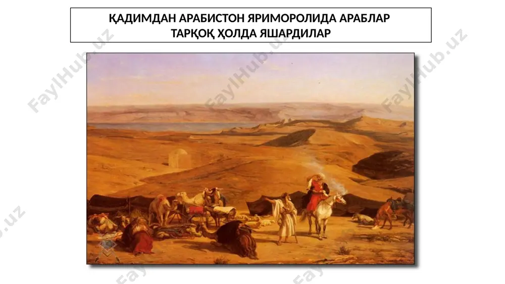 лак (юз минг) дирҳам ҳажмида товон тўрт минг асир қурол кийим-кечак олтин буюм кумуш буюм йўл-йўлакай араблар термиз шаҳрини эгаллайдилар термиз бухоро марв viii аср бошларида араблар мовароуннаҳр ҳудудини тўлиқ босиб олишга киришадилар хуросонга ноиб қилиб тайинланган қутайба ибн муслим арабларнинг мовароун наҳрга ҳарбий юришига бошчилик қилади қутайба ибн муслим араб халифаси сулоймонга қарши исён кўтаргани боис фарғонада араб аскарлари томонидан ўлдирилади араб халифаси босиб олинган барча ер-мулклар халифага қарашли бўлиб қолди ноиб (вакил) амир “бошлиқ” (алоҳида қўшин қўмондони) бухорхудотларнинг ҳам мавқейи баланд бўлган. наршахий маълумотига кўра, айрим деҳқонлар бухоро амир ва бухорхудотлардан ер масаласидаги шикоятини хуросон ноибига етказган ноибига деҳқон (йирик ер эгаси) бу даврда ижарадорга айланди. ерларини майда бўлакларга тақсимлади. даромаднинг маълум қисмини халифа хазинасига юбориш мажбуриятини олган кадивар ва кашоварз халифа ноибнинг вакили деҳқонлар унга бўйсунган.солиқни халифа хазинасига юборишда воситачи бўлган солиқ тўлашган халифанинг босиб олинган ҳудудлардаги вакили иқто (арабча) – чек, тақсимлаб берилган ер, ҳукмдор томонидан …