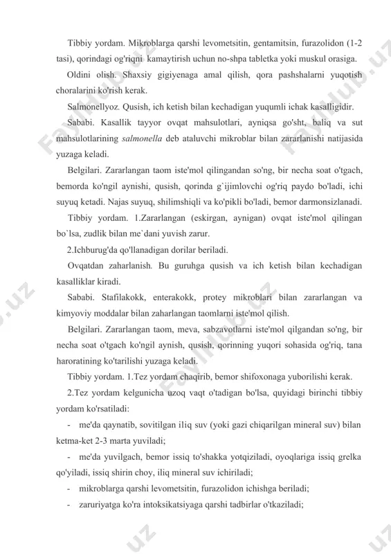 bzavotlarni iste'mol qilmaslik.ariq, hovuz, quduq suvlarini hatto idish-tovoq, meva-sabzavotlarni yuvish uchun ham qaynatib ishlatish. botulizm. organizmning umumiy intoksikatsiyasi bilan kechadigan og'ir yuqumli kasallik. sababi. botulins mikrobi bilan zararlangan konserva, kalbasa, pishloq mahsulotlarini iste`mol qilish. zararlangan konserva qutisining qopqog`i ichida gaz (havo) paydo bo'lgani uchun shishadi. zararlangan kalbasa va pishloqni barmoq bilan bosganda g`ijirlaydi, ya'ni ichida gaz (havo) borligi aniqlanadi. kalbasa va pishloqning po'sti yopishib turmaydi, ya'ni ko'chib qoladi, yumshoq bo`ladi. belgilari. kasallik ko'ngil aynish, qusish bilan boshlanadi. bemorning tomog'iga bir narsa tiqilgandek bo'ladi, yutish qiyinlashadi, ichilgan suv burun orqali qaytib chiqadi, bemorning ovozi xirillab qoladi, ba'zida yo'qoladi. bemorning ko`zi xiralashadi. ko'pincha ko'z g'ilaylashadi, shu sababdan bitta narsa ikkita bo'lib ko'rinadi. ko'z qorachig'i har xil kattalikda bo`ladi, qovoqlari osilib qoladi. kasallik og'ir kechadi. tibbiy yordam. 1.tez yordam chaqirib, bemor yuqumli kasalliklar shifoxonasiga yuborilishi kerak. 2.tez yordam kelguncha, quyidagi birinchi tibbiy yordam ko'rsatiladi: · me`dani yuvish: · tozalovchi klizma qo'yish; · so`ngra, …