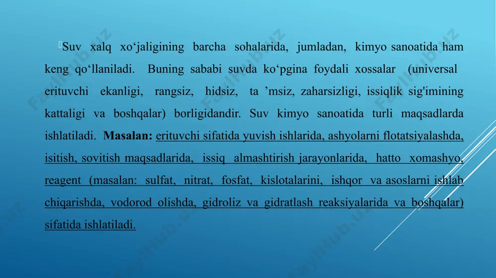 suviga alohida talablar qo‘yiladi: u toza, tiniq, rangsiz, hidsiz, kimyoviy va bakteriyalar bilan ifloslanmagan bo‘lishi lozim, ya’ni ichimlik suvi gost talablariga javob berishi kerak. gost ga binoan ichimlik suvining 1 ml da bakteriyalarning umumiy soni 100 ta dan, ichak tayoqchasining miqdori 1 litr suvda uchtadan ortiq bo'lmasligi shart. daryo va ko‘l suvlari, odatda bu talablarga javob bermaydi, shuning uchun ham ichimlik suvini vodoprovod tarmog‘iga berishdan ilgari suv tozalash stansiyalarida tozalanadi. ichimlik suvini tayyorlash to‘rt bosqichli: tindirish, koagulyatsiyalash, filtrlash va zararsizlantirish kabi jarayonlardan iboratdir. ichimlik suvini tayyorlashning asosiy sxemasi 1- rasmda berilgan. 1- rasm. ichimlik suvini tayyorlash sxemasi. 1 — suv manbai; 2 — suv olish joyi; 3 — dag‘al tindirgich; 4 — birinchi ko'tarib beruvchi nasos; 5 — aralashtirgich; 6 — tindirgich; 7 — filtr; 8 — xlorator; 9 — ikkinchi ko‘tarib beruvchi nasos; 10 — suv bosimi minorasi. sanoat suvlarini tozalash stansiyalari suvni tozalashda tindirish kolonnalari sanoat suvlarini tozalash …