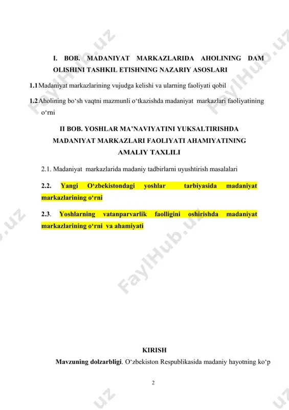 lan uyg‘un holda tashkil qilish borasida amalga oshirish ishlarini aniqlash; uchinchidan, aholining bо‘sh vaqtlari yoki dam olishlarida milliy qadriyatlarni о‘zida mujassam qilgan havaskorlik jamoalari ishtirokini yо‘lga qо‘yishning dolzarligini belgilab qо‘yilishi muhim hisoblanadi. tadqiqotning obyekti va predmeti. о‘zbekistonning mustaqillik sharoitida tashkil etilgan madaniyat markazlari tadqiqotning obyekti hisoblanadi. ushbu madaniyat markazlarida faoliyat olib boradigan havaskorlik jamoalari tadqiqot ishining predmeti hisoblanadi. tadqiqotning maqsad va vazifalari. tadqiqotning asosiy maqsadi madaniyat markazlaridagi badiiy ijodiy jamoalarining faoliyatini tashkil qilishning shakllarini aniqlashdan iborat. mazkur maqsadni amalga oshirish uchun quyidagi vazifalar bajarildi: · madaniyat markazlarining tashkil qilinishi va ularning faoliyatini tahlil qilish; · madaniyat markazlarida havaskorlik jamoalarini faoliyatini tashkil qilinishining nazariy asoslarini tadqiq qilishi · о‘zbekistonda havaskorlik jamoalarining faoliyatini о‘rganish va ularni shakllantirishning о‘ziga xos xususiyatlarini yoritib berish; · madaniyat markazlarining havaskorlik jamoalarni ishlash tizimini va imkoniyatlarini tadqiq qilish; · madaniyat markazlarida yoshlarni havaskorlik jamoalarga jalb qilish va uning ijtimoiy omillari tadqiq qilish. mavzu bо‘yicha qisqacha adabiyotlar tahlili. …