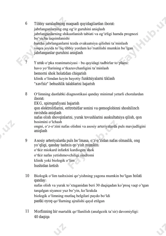 h 7 yurak-oʻpka reanimatsiyasi - bu quyidagi tadbirlar toʻplami: havo yoʻllarining oʻtkazuvchanligini taʼminlash bemorni shok holatidan chiqarish klinik oʻlimdan keyin hayotiy funktsiyalarni tiklash "xavfsiz" behushlik talablarini bajarish 8 oʻlimning dastlabki diagnostikasi qanday minimal yetarli choralardan iborat: ekg, spirografiyani bajarish qon elektrolitlarini, eritrotsitlar sonini va gemoglobinni shoshilinch ravishda aniqlash nafas olish shovqinlarini, yurak tovushlarini auskultatsiya qilish, qon bosimini oʻlchash ongni, oʻz-oʻzini nafas olishni va asosiy arteriyalarda puls mavjudligini aniqlash 9 asosiy arteriyalarda puls boʼlmasa, oʼz-oʼzidan nafas olmaslik, ong yoʼqligi, qanday tashxis qoʼyish mumkin: oʻtkir miokard infarkti kardiogen shok oʻtkir nafas yetishmovchiligi sindromi klinik yoki biologik oʻlim hushidan ketish 10 biologik oʻlim tashxisini qoʻyishning yagona mumkin boʻlgan holati qanday: nafas olish va yurak toʼxtaganidan beri 30 daqiqadan koʼproq vaqt oʼtgan tarqalgan siyanoz yuz boʼyin, koʼkrakda biologik oʻlimning mutlaq belgilari paydo boʻldi pastki oyoq-qoʻllarning ajralishi qayd etilgan 11 morfinning bir martalik qoʻllanilish (analgezik taʼsir) davomiyligi: 40 daqiqa 1 soat 2 soat 6 soat …