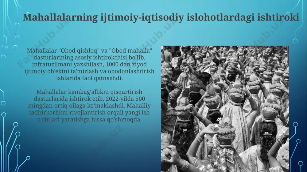 ng erkinlashuvi va diversifikatsiyasi ommaviy axborot vositalarining erkinlashuvi va diversifikatsiyasi erkinlashuv jarayoni davomida bosma nashrlarning adadi sezilarli o'zgarishlarga uchradi. ba'zi davlat gazetalari million nusxadan pastga tushdi, xususiy nashrlar esa 100 mingdan ortiq auditoriyani qamrab oldi. siyosiy partiyalarning ideologik xilma-xilligi ko'ppartiyaviylik tizimining rivojlanishi davrida 5 ta rasmiy ro'yxatdan o'tgan partiyaning har biri o'ziga xos mafkuraviy platforma va maqsadlarni ilgari surdi. o'zbekistonda mustaqillik yillarida siyosiy partiyalarda milliy-demokratik, liberal-demokratik, sotsial-demokratik kabi 3 ta asosiy ideologik yo'nalish shakllandi. mahallalar va mahalliy o'zini o'zi boshqarish organlari mahallalar va mahalliy o'zini o'zi boshqarish organlari mahallalar davlat organlari bilan hamkorlikda ishlaydi, 1993-yildan boshlab mustaqil faoliyat yurita boshlagan. bu o'zini o'zi boshqarish institutining rivojlanishida muhim bosqich bo'ldi. siyosiy partiyalarning tashkil topishi va rivojlanishi bugungi kunga kelib, o'zbekiston respublikasida 4 ta siyosiy partiya faoliyat yuritmoqda, ular parlament saylovlarida qatnashadilar va mamlakatning siyosiy hayotida o'z o'rniga ega. siyosiy partiyalar mahallalarni qo'llab-quvvatlash dasturlari mahallalarni qo'llab-quvvatlash dasturlari mahallalarni qo'llab-quvvatlash jamg'armasi 2022-yilda tashkil …