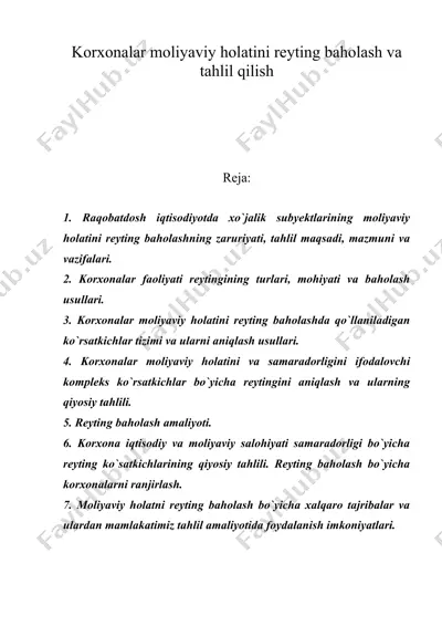 korxonalar moliyaviy holatini reyting baholash va tahlil qilish — DOC