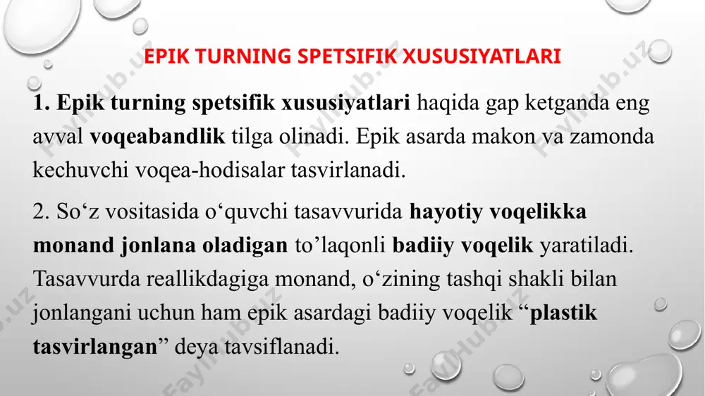 ko’zda tutiladi. «obrazlar sistemasi» asardagi barcha obrazlarni anglatsa, «personajlar sistemasi» shuning bir qismi - inson obrazlari tizimigina ko‘zda tutiladi. bosh personaj personaj ikkinchi darajali personaj epizodik personaj badiiy vaqt badiiy asarda tasvirlanayotgan voqealar makon va zamonda kechadi, shunga ko‘ra, adabiyotshunoslikda «badiiy vaqt» tushunchasi keng qo‘llanadi. avvalo, badiiy asarda tasvirlanayotgan voqealarning yuz berish vaqti bilan ularni hikoya qilish vaqtini farqlash kerak. asardagi voqealarning yuz berish vaqti «syujet vaqti», ularning hikoya qilinish vaqti esa «kompozisiya vaqti» deyiladi. bu ikkisining har vaqt ham birbiriga mos kelmasligini ko‘rish qiyin emas. chunki asar ustida ishlayotgan yozuvchi ijodiy niyatini amalga oshirish yo'lida “badiiy vaqt” imkoniyatlaridan turli yo‘sinlarda foydalanishi mumkin. deylik, u zarur o‘rinda asar vaqtidan chekinib, o’tmishda yuz bergan voqealarni tasvirlashi -“retrospektiv vaqt” mumkin.(“0‘tgan kunlar” misolida voqeaning haqiqatda yuz berish tartibini syujetda o‘zgartirib berishning estetik samarasini ko’rib o‘tgan edik) retrospeksiya deb ataluvchi bu usulning mohiyati shuki, unda yozuvchi syujet voqealarini, ya’ni faqat oldinga oquvchi vaqtni go‘yo …