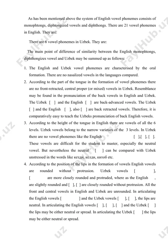els [ ], [ ], [ ] and the uzbek [ ] the lips may be either neutral or spread. in articulating the uzbek [ ] the lips may be either neutral or spread. in teaching the uzbeks to pronounce the rounded english vowels care should be taken not to protrude the lips. 5. besides considerable qualitative difference there is a quantitative difference between vowel phonemes of english and uzbek. traditionally all english vowels are divided into short and long. short-[ ], long [ ]. but at present the quantitative features of the english vowel phonemes have become their main property and quantity must be regarded as additional. the uzbek vowel phonemes may only be differentiated by their quality. philologically there is no quantitative difference in the uzbek vowel phonemes . they are typical “middle sounds”, neither long nor short. sometimes the english vowels [ ], [ ] may sound …