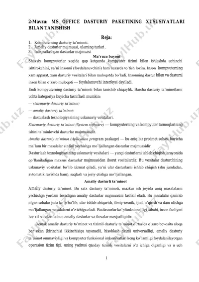 ms office dasturiy paketining xususiyatlari — PDF