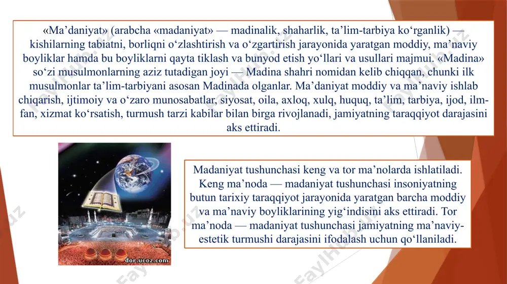din va diniy munosabatlar sotsiologiyasi. dinning ijtimoiy hayotdagi o‘rni va rolini tahlil qilish uchun, avvalo, din o‘zi nima? degan savolga javob topish kerak. bu savol jo‘ngina tuyulsa ham unga javob berish ancha murakkab. bu savolga dinshunoslik, sotsiologiya va falsafadagi turli oqimlar turlicha javob beradi. bu javoblarning aksariyati esa bir-biriga zid va bir-birini inkor qiladi islom dini vii asrda shakllandi. bu dinning asosini besh rukn tashkil qiladi. 1. iymon; 2. namoz; 3. ro‘za; 4. zakot; 5.haj. xalqaro miqyosdagi voqelik dinning jamiyat hayotidagi mavqei masalasiga qayta-qayta, izchillik va xolislik bilan murojaat etish ehtiyojini tug‘dirmoqda. jumladan, respublikamiz prezidenti islom karimovning ta’bri bilan aytganda keng madaniy hudud ma’nosida musulmon olamining ajralmas qismi bo‘lgan halqimiz mentalitetining o‘qildizlari ko‘p jihatdan aynan islomdan oziqlanib kelayotgan o‘zbekistonda ham bunday ehtiyoj yetilib keldi. dinning jamiyat taraqqiyotidagi o‘rnini o‘rganish, uning atrofidagi muammolar yechimini topish dolzarb vazifalardan sanaladi. islomda sunniylik va shia yo‘nalishlari bo‘lib, ular ham o‘z navbatida bir qator mazhablarga …