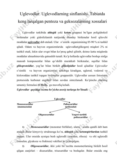 uglevodlar. uglevodlarning sinflanishi. tabiatda keng tarqalgan pentoza va geksozalarning xossalari (biokimyo) — DOCX