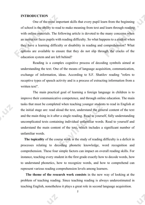 s relating to decoding phonetic knowledge, word recognition and comprehension. these four simple factors can impact on overall reading skills. for instance, teaching every student in the first grade exactly how to decode words, how to understand phonetics, how to recognize words, and how to comprehend can represent various reading comprehension levels among learners. the theme of the research work consists in the new way of looking at the problem of teaching reading. since teaching reading is always underestimated in teaching english, nonetheless it plays a great role in second language acquisition. the aim of the research is to analyze how to prevent reading difficulties in young children. the problem of teaching reading in a foreign language is one of the most important in the organization of the educational process in primary school. reading is one of the receptive types of speech activity, aimed at the perception and understanding of …