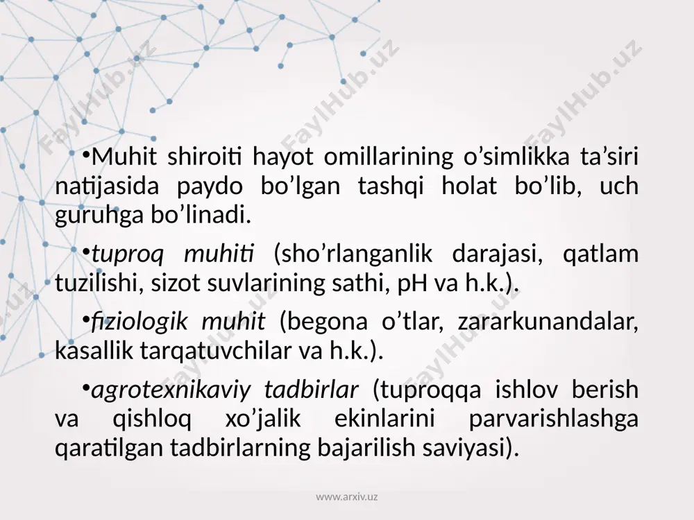 aratish; davlat buyurtmalarini tez va ortiqchasi bilan bajarish; tuproqning mahsuldorligi ta’minlagan holda, uning eroziyaga uchrashini, qishloq xo’jaligi yerlarining, suv manbalari hamda ishlab chiqarilayotga mahsulotning ifloslanishini oldini olish. www.arxiv.uz foydalanilgan adabiyotlar vorobyov s.a., кashtanov a.n., likov a.m., makarov i.p. zemle-delie. m.: agropromizdat. 1991. ermatov a.q. sug’oriladigan dehqonchilik. t.:o’qituvchi. 1983. ermatov a.q.,g’aniyev v. dehqonchilik. t.: mehnat. 1990. zaurov e.i. dehqonchilikdan laboratoriya ishlari va amaliy mashg’u-lotlar t:. «o’qituvchi»,1979 . tursunxujaev z., bolkunov a. nauchniyi osnovi xlopkovix sevooborotov. t.: mehnat, 1987. h.sheraliev. m.shodmanov dehqonchilik. ma’ruzalar matni t.:2004 astanov r., shodmanov m., madraimova s. sistema zemleldeliya .tekst leksiy. t.: 2004. o’zbekiston respublikasining "suvdan foydalanish to’g’risida"gi qonuni, t.1993. u.norqulov, x.sheraliev «qishloq xo’jaligi melioratsiyasi» t.2003. www.arxiv.uz image3.jpeg image1.jpg image2.png