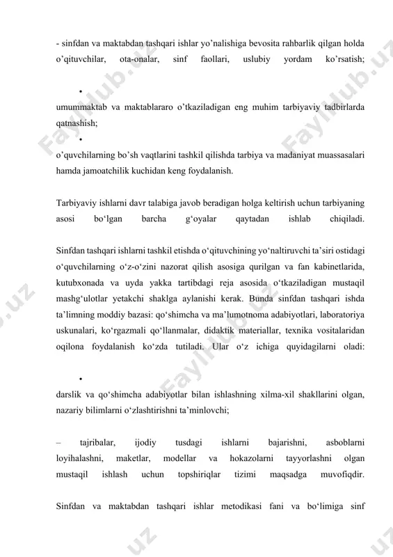 di. bunda o‘qituvchilarning o‘quvchilar bilan muomilasi adolatli bo‘lishi, kerakli ta’sir ko‘rsata olishi kerak. tarbiyaning bosh maqsadi yosh avlodni ma’naviy, axloqiy tarbiyalashda xalqning boy, milliy ma’naviy an’analarga, urf-odatilari hamda qadriyatlariga asoslangan samarali tashkiliy ishlarni amalda ishlab chiqishdir. tarbiyaning asosiy vazifasi – shaxsni aqliy-axloqiy tarbiyalashda erkin fikrlovchi va jismoniy rivojlanishi, uning qobiliyatlarini har tomonlama ochish uchun imkoniyat yaratishdir. tarbiyaviy ishlarni rejalashtirishda bir qator pedagogik talablar qo‘yiladi. maktabdan tashqari ta’lim muassasalarining to‘garak qatnashchilari ongida yuksak ma’naviy-axloqiy fazilatlar mujassamlashgan bo‘lishi kerak. to‘garak qatnashchilarini doimiy ravishda fan va madaniyatning so‘nggi yutuqlaridan xabardor qilib turish, ular ongini ijodiy ishlar va tarbiyaviy tadbirlar bilan band qilish muhim o‘rin tutadi. to‘garak qatnashchilarida mustaqillik tushunchasi shakllangan bo‘lishi, ular davlatimiz ramzlarini, madhiyasini, urf-odatlarimizni yaxshi bilishi kerak. maktabdan tashqari ta’lim o‘qishlariga, xohishlariga asoslangan holda darsdan bo‘sh vaqtlarda o‘quv-tarbiya jarayonini to‘ldiradi va quyidagi yo‘nalishlar bo‘yicha to‘garak qatnashchilariga talablar qo‘yilishi kerak: vatanga muhabbat, komil inson tarbiyasi.estetik ta’lim.sayyohlik yo‘nalishi bo‘yicha to‘garaklarga qatnashish.ekologik ta’lim yo‘nalishi …