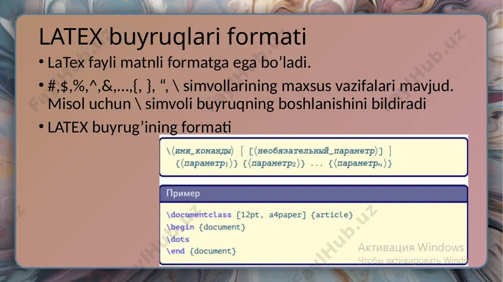 o'shni satrlarda qayerda ajratilganligini aniqlaydi. ✔ bir yoki bir nechta qo'shni bo'sh satrlar qo'shni paragraflar qayerda ajratilishi kerakligini aniqlaydi (\par buyrug'iga o'xshash). bo'shliqlar va bo'sh chiziqlardan foydalanishga misol latex paketi paket: matn faylidan qo'shimcha buyruqlar to'plami (paket_nomi).sty. fayl tex tarqatish to'plamidan standart yoki moslashtirilgan bo'lishi mumkin. hujjat muqaddimasidagi \usepackage buyrug'i yordamida ulanadi. ✔ \usepackage buyruq formati: kirill shriftidan foydalanish kirill shriftini quyidagi buyruqlar orqali amalga oshiriladi fontenc paketi shrift kodirovkasini belgilaydi. kirill shriftini qo’llab quvvatlovchi ko’plab shriftlar t1 kodirovkasidan foydalanadi. inputenc paketi kirish fayli kodirovkasini belgilaydi. agar fayl windows kodirovkasida yaratilgan bo’lsa, paket parametrlari sifatida utf8 o’rniga cp1251 ko’rsatilishi zarur. rus tili uchun defis qoidalarini faollashtiradi. ba'zi standart buyruqlar va ba'zi paketlar uchun ruscha nomlarni qayta belgilaydi, masalan, \tableofcontents buyrug'i uchun "contents" o'rniga "содержание" sarlavhasi. rus tilida qabul qilingan sana formatini o'rnatadi. ruscha tinish belgilari uchun qo'shimcha faol belgilarni belgilaydi. masalan, burchak tirnoqlarini kiritish uchun " >" buyruqlari babel paketida …