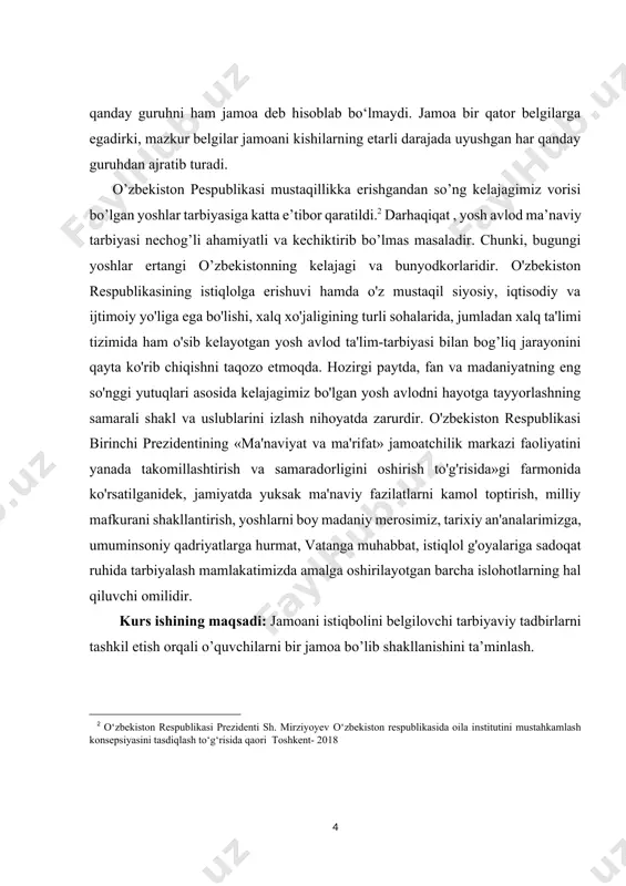 llashtirish va samaradorligini oshirish to'g'risida»gi farmonida ko'rsatilganidek, jamiyatda yuksak ma'naviy fazilatlarni kamol toptirish, milliy mafkurani shakllantirish, yoshlarni boy madaniy merosimiz, tarixiy an'analarimizga, umuminsoniy qadriyatlarga hurmat, vatanga muhabbat, istiqlol g'oyalariga sadoqat ruhida tarbiyalash mamlakatimizda amalga oshirilayotgan barcha islohotlarning hal qiluvchi omilidir. [2: o‘zbekiston respublikasi prezidenti sh. mirziyoyev o‘zbekiston respublikasida oila institutini mustahkamlash konsepsiyasini tasdiqlash to‘g‘risida qaori toshkent- 2018 ] kurs ishining maqsadi: jamoani istiqbolini belgilovchi tarbiyaviy tadbirlarni tashkil etish orqali o’quvchilarni bir jamoa bo’lib shakllanishini ta’minlash. kurs ishining predmeti: jamoani istiqbolini belgilovchi tarbiyaviy tadbirlar tizimi. kurs ishining ob’ekti: jamoani istiqbolini belgilovchi tarbiyaviy tadbirlarni tashkil etish jarayoni. kurs ishining vazifalari: jamoani istiqbolini belgilovchi tarbiyaviy tadbirlarni tashkil etish orqali o’quvchilarning tizimli jamoasini tuzish. i.bob. boshlang’ich sinflarda jamoaviy tashkil etiladigan tarbiyaviy ishlarning nazariy asoslari 1.1. boshlang’ich sinf o’quvchilari bilan o’tkaziladigan tarbiyaviy tadbirlarini takomillashtirish pedagogik muammo sifatida o’zbekiston mustaqillikka erishgach, ijtimoiy hayotimizning barcha sohalarida tub islohotlar amalga oshirila boshlandi. zero, jamiyatda kechayotgan islohotlarning samaradorligi uning …
