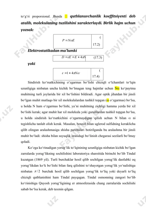 k. masalan, benzol bilan uglerod sulfidning keraklicha qilib olingan aralashmasiga shisha parchalari botirilganda bu aralashma bir jinsli muhit bo‘ladi: shisha bilan suyuqlik orasidagi bo‘linish chegarasi sezilarli bo‘lmay qoladi. ko‘zga ko‘rinadigan yorug‘lik to‘lqinining uzunligiga nisbatan kichik bo‘lgan zarralarda yorug‘likning sochilishini laboratoriya sharoitida birinchi bo‘lib tindal kuzatgan (1869 yil). turli burchaklar hosil qilib sochilgan yorug‘lik dastlabki oq yorug‘likdan ko‘k bo‘lishi bilan farq qilishini to‘shayotgan yorug‘lik yo‘nalishiga nisbatan burchak hosil qilib sochilgan yorug‘lik to‘liq yoki deyarli to‘liq chiziqli qutblanishini ham tindal payqagan. tindal osmonning zangori bo‘lib ko‘rinishiga quyosh yorug‘ligining er atmosferasida chang zarralarida sochilishi sabab bo‘lsa kerak, deb taxmin qilgan. ko‘p hollarda tabiiy ravishda paydo bo‘lgan optik bir jinslimasliklar tufayli yorug‘lik intensiv ravishda sochiladi. optik bir jinslimasligi oshkor bo‘lgan muhitlar xirа muhitlаr deyiladi. xira muhitlar jumlasiga tutun (gazdagi qattiq zarralar) yoki tuman (havodagi suyuqlik tomchilari, masalan, suv tomchilari) kiradi. bu hollarning hammasida xira muhit yorug‘likni birmuncha ko‘p sochib yuboradi, bu hodisa odatda tindal …
