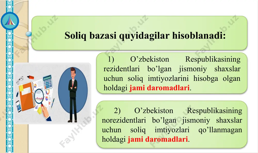 boquvchisi vafot etganligi munosabati bilan quyidagi miqdordagi to’lovlar: - marhumning o’rtacha ish haqining vafot etgan boquvchining qaramog’ida bo’lgan va uning vafoti munosabati bilan zararni undirishga haqli bo’lgan mehnatga qobiliyatsiz shaxslarga to’g’ri keladigan ulushi miqdoridagi to’lovlar. boquvchisi vafot etganligi munosabati bilan zararni undirishga haqli bo’lgan shaxslarga bir yo’la to’lanadigan nafaqa tariqasida marhumning o’rtacha yillik ish haqining olti baravari miqdoridagi to’lovlar. 12) talabalarning ta’lim olishi uchun o’zbekiston respublikasining oliy o’quv yurti bilan to’g’ridan-to’g’ri shartnomalar bo’yicha pulli-kontrakt asosida o’tkaziladigan to’lovlar. 13) xodimlarning malakasini oshirish va ularni qayta tayyorlash xarajatlari. quyidagilar jami daromadga kiradi: 1) mehnatga haq to’lash tarzidagi daromadlar. 2) mulkiy daromadlar. 3) moddiy naf tarzidagi daromadlar. 4) boshqa daromadlar. ish beruvchi bilan mehnatga oid munosabatlarda bo’lgan va tuzilgan mehnat shartnomasiga (kontraktiga) muvofiq ishlarni bajarayotgan xodimlarga hisoblanadigan hamda to’lanadigan quyidagi barcha to’lovlar mehnatga haq to’lash tarzidagi daromadlar deb e’tirof etiladi: 14 - mehnatga haq to’lashning qabul qilingan shakllari va tizimlariga muvofiq ishbay narxlardan, …