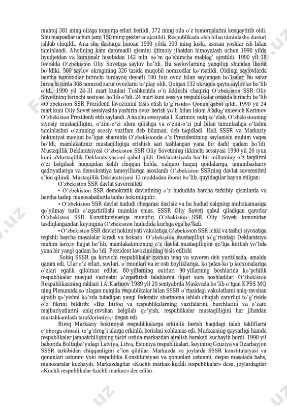 va belgilagan xodimlarni ko’tarish ammaliyotiga chek qo’yildi, bu masalalarni hal qilishni respublika rahbariyati o’z qo’liga oldi. bu vaziyatni teran anglagan rahbarning jasorati bo’lib, siyosiy mutelikdan qutilish tomon tashlangan muhim qadam bo’ldi. o’zbekistonda adolatni tiklash chora-tadbirlari ko’rildi, to’qib chiqarilgan «o’zbek ishi», «paxta ishi»ning tamomila sharmandasi chiqdi. bu bilan bog’liq ishlar qayta ko’rildi, aybsiz qamalgan minglab kishilar oqlandi, o’z oilasiga qaytarildi, adolat tiklandi. o’zbek tili – davlat tili respublika ja moatchiligi tomonidan allaqachon o’zbek tiliga davlat tili maqomini berish masalasi ko’tarilgan edi. o’zbekistonning sobiq rahbariyati bu masalaga avvallari millatchilik, mahalliychilik deb qarardi, keyinchalik o’zbek va rus tilini teng mavqega ko’tarishga urindi, shu yo’sinda ikki tillik haqidagi qonun loyihasini o’tkazishga harakat qilgan edi. respublika yangi rahbari jamoatchilik fikrini inobatga oldi, masalani bosiqlik bilan hal qilish yo’lini tanladi. o’zbekiston ssr oliy sovetining 1989 yil 21 oktyabrda bo’lgan o’n birinchi sesiyasida «o’zbekiston ssrning davlat tili haqida» qonun qabul qilindi. qonunda o’zbekistonning davlat tili o’zbek tilidir, …