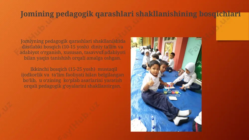 llar ta’limi jamiyat taraqqiyoti uchun zarur bo‘lib, ularning bilim darajasi oilaning farovonligi va bolalarning to‘g‘ri tarbiyasi uchun muhim omil hisoblanar edi. jomiy ayollarga 7 yoshdan boshlab qur’on tilovatini va diniy ta’lim asoslarini o‘rgatishni, keyinchalik esa, adabiyot, she’riyat va boshqa fanlarni o‘zlashtirishini muhim deb bilgan. abdurahmon jomining hayot yo'li va ta'lim olishi uning ta'lim olishi o'sha davrning an'anaviy usullariga asoslangan bo'lib, qur'on tilovati, islom huquqiy fanlari, adabiyot va falsafa kabi fanlarni o'z ichiga olgan. abdurahmon jomiy 1414-yilda xorasanning harat shahrida tug'ilib, 1492-yilda shu yerda vafot etgan, 58 yillik hayoti davomida ko'plab diniy va adabiy asarlar yaratgan. xulosa va takliflar jomiyning tarbiya tizimini zamonaviy pedagogik yondashuvlar bilan boyitish orqali, 5 ta asosiy ko'nikmani shakllantirishga qaratilgan dasturlarni ishlab chiqish taklif etiladi. ta'limda amaliy mashg'ulotlarning ulushini 30% ga oshirish orqali, jomiyning "amalga asoslangan bilim" tamoyilini qo'llash samaradorligini oshirish mumkin. jomining axloqiy tarbiya tushunchalari uning fikricha, axloqiy kamolga erishish uchun 3 bosqich – poklik, taqvo …