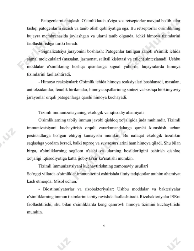kologik tozalikni saqlashga yordam beradi, balki tuproq va suv resurslarini ham himoya qiladi. shu bilan birga, o'simliklarning sog'lom o'sishi va ularning hosildorligini oshirish qishloq xo'jaligi iqtisodiyotiga katta ijobiy ta'sir ko'rsatishi mumkin. tizimli immunizatsiyani kuchaytirishning zamonaviy usullari so‘nggi yillarda o‘simliklar immunitetini oshirishda ilmiy tadqiqotlar muhim ahamiyat kasb etmoqda. misol uchun: - biostimulyatorlar va rizobakteriyalar: ushbu moddalar va bakteriyalar o'simliklarning immun tizimlarini tabiiy ravishda faollashtiradi. rizobakteriyalar isrni faollashtirishi, shu bilan o'simliklarda keng qamrovli himoya tizimini kuchaytirishi mumkin. - genetik o‘zgartirish: genetik seleksiya orqali turli o‘simliklarga patogenlarga qarshi chidamlilik xususiyatlari kiritish, ya'ni sar va isr mexanizmlarini kuchaytirish ustida tadqiqotlar olib borilmoqda. ushbu tadbirlar yordamida ekinlarning kasalliklarga chidamliligini oshirish va resurslardan samarali foydalanish orqali yanada barqaror qishloq xo'jaligiga erishish mumkin. 2. asosiy qism: tizimli immunizatsiya mexanizmlari.o'simliklardagi tizimli immunizatsiya ikki asosiy mexanizm orqali amalga oshadi: induktsiyalangan tizimli qarshilik (induced systemic resistance, isr) va sistemik achishqoqlik qarshiligi (systemic acquired resistance, sar). bu ikkala mexanizm o‘ziga xos …