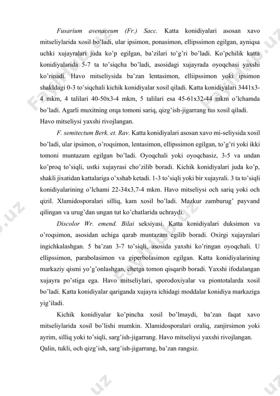 an uchiga qarab muntazam egilib boradi. oxirgi xujayralari ingichkalashgan. 5 ba’zan 3-7 to’siqli, asosida yaxshi ko’ringan oyoqchali. u ellipssimon, parabolasimon va giperbolasimon egilgan. katta konidiyalarining markaziy qismi yo’g’onlashgan, chetga tomon qisqarib boradi. yaxshi ifodalangan xujayra po’stiga ega. havo mitseliylari, sporodoxiyalar va piontotalarda xosil bo’ladi. katta konidiyalar qariganda xujayra ichidagi moddalar konidiya markaziga yig’iladi. kichik konidiyalar ko’pincha xosil bo’lmaydi, ba’zan faqat xavo mitseliylarida xosil bo’lishi mumkin. xlamidosporalari oraliq, zanjirsimon yoki ayrim, silliq yoki to’siqli, sarg’ish-jigarrang. havo mitseliysi yaxshi rivojlangan. qalin, tukli, och qizg’ish, sarg’ish-jigarrang, ba’zan rangsiz. f. gibbosum app. et. wr. emend bilai. katta konidiyalari sporo-doxiy, pionnot va mitseliyda xosil bo’ladi, ular ipsimon, o’roq-simon, o’rta qismi qavarib chiqqan, uchiga va asosiga qarab munta-zam ingichkalashgan va keskin bukilgan ko’rinishlarda bo’ladi. konidiyalari 5 to’siqli, ba’zan 3-4 to’siqli, oyog’i yaxshi ko’rinadi. konidiyalarining chetdagi xujayralari qariganda tushib ketadi. havo mitseliysida mayda, bir yoki 1-3 xujayrali konidiyalar xosil qiladi. katta konidiyalari 5 to’siqli, oyoqchasi yaxshi ko’rinadi, …