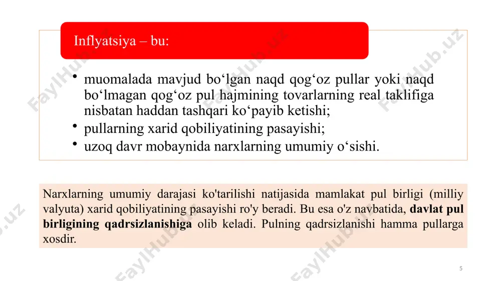 bu ortiqcha talab narxning oshishiga olib keladi va talab inflyatsiyasini keltirib chiqaradi. talab inflyatsiyasini quyidagi rasm orqali izohlash mumkin (2-rasm). rasmdan ko‘rinadiki, iqtisodiyotdagi pul hajmining ko‘payishi qisqa muddat ichida yalpi talabni ad1 dan ad2 ga siljishiga olib keladi. agar bu vaqtda iqtisodiyotning holati yalpi taklif egri chizig‘ining oraliq (2) yoki tik (klassik) (3) kesmasiga mos kelsa, bu narx darajasining o‘sishiga, ya’ni talab inflyatsiyasining ro‘y berishiga olib keladi. 20 taklif inflyatsiyasi – ishlab chiqarishdagi sarf xarajatlar oshishi sababli kelib chiqadigan inflyatsiya 2-rasm. taklif inflyatsiyasi. 21 inflyatsiya ishlab chiqarish xarajatlari va bozordagi taklifning o‘zgarishi natijasida ham kelib chiqishi mumkin. ishlab chiqarish xarajatlarining o‘sishi natijasida kelib chiqadigan inflyatsiya mahsulot birligiga qilinadigan xarajatlarning ko‘payishi hisobiga narxlarning oshishini bildiradi. bu holatni ham rasm orqali ko‘rib chiqamiz (3-rasm). rasmdan ko‘rinadiki, xarajatlarning o‘sishi natijasida yalpi taklif egri chizig‘ining as1 dan as2 ga qisqarishi mahsulot birligiga to‘g‘ri keluvchi xarajat miqdorini oshirib, narxlarning r1 dan r2 darajaga qadar ko‘tarilishiga, …