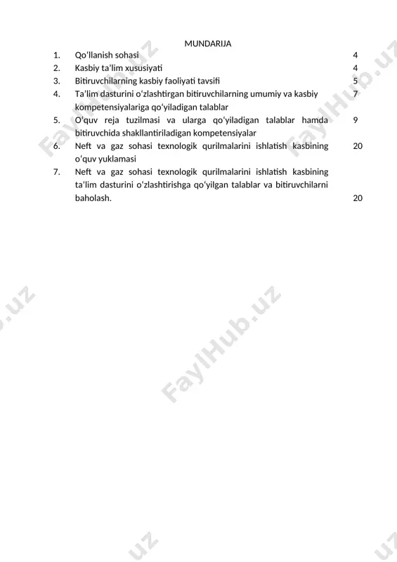 tez fikrlash va faraz qilish, yorug‘likni sezish, faol va tez xotirlash, harakat xotirasi va moslashuvchanlik. 2.3. ta’limni davom ettirish imkoniyatlari. neft va gaz sohasi texnologik qurilmalarini ishlatish kasbi bitiruvchisi keyinchalik kasbiy ta’limini chuqurlashtirish maqsadida; kadrlar malakasini oshirish tizimida, tarmoq o‘quv muassasalarida va maxsus kurslarida malakani oshirishi; kasbiy faoliyatning tegishli sohasida yanada yuqoriroq malakaga erishish maqsadida oliy ta’lim muassasasida o‘qishni davom ettirishi mumkin. 2.4. o‘qishga qabul shartlari. o‘qishga qabul shartlari amaldagi qonunchilik asosida amalga oshiriladi. 3.bitiruvchilarning kasbiy faoliyati tavsifi 3.1. bitiruvchining kasbiy faoliyat sohasi: neft va gaz sohasi texnologik qurilmalarini ishlatish kasbning asosiy maqsadi, neft, yoʼldosh va tabiiy gazlar, gaz kondensatini, slanetsni qayta ishlashning texnologik jarayonlari, avtomatlashtirish vositalari va nazorat-oʼlchov asboblari (noʼа)dan foydalanish, texnologik qurilmalarni taʼmirlash, neft va gaz sohasida kompressor qurilmalarining xavfsiz, ishonchli va tejamkor ishlashini taʼminlash, neft va gazni qazib olish va qayta ishlash sanoatida magistral va kon ichidagi oʼtkazgich quvurlar boʼylab ishchi agentni quyish uchun nasos stantsiyalari texnologik …