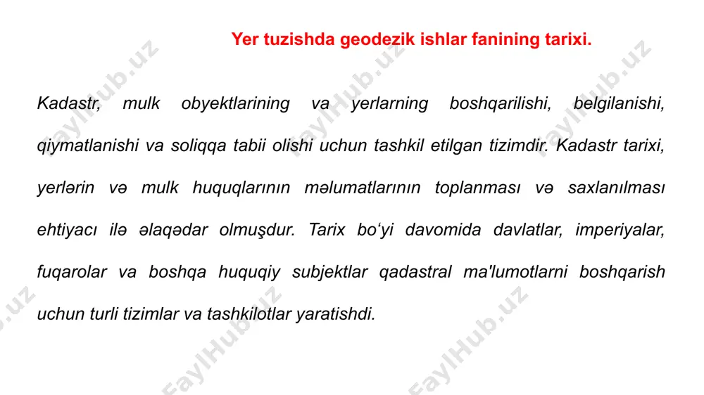 tiriladi. tayyorlangan barcha ma’íumotlar, qaydnomalar belgilangan tartibda rasmiylashtirihb, ijrochi kadastr xizmati xodimi hamda mulk egasi tomonidan imzolanadi kadastr xizmati boshlig‘ining imzosi va muxri bilan tasdiqlanishi va ijro sanalari ko‘rsatilishi shart. 10.kadastr syomkasini va bino-inshootlar xatlovini bajarish bo'yicha quyidagi moliyaviy hujjatlar rasmiylashtiriladi: - kadastr xizmati ishlarni bajarishga shaitnoma tuzilib, «buyurtmachi» va «ijrochi» tomonidan rasmiylashtiriladi; - « 0 ‘zdavyergeodezkadastr» davlat qo‘mitasi tomonidan i2.06.2009-yiida ishlab chiqarilgan № 62-1-sonli «yer uchast­ kalarini tashkil etish, topografik-geodezik, kadastr syomkalari ishlari­ning qiymatlari to‘g‘risida» gi yo‘riqnoma asosida bajariladigan ishlar smetasi va bajarilgan ishlarni topshirish-qabul qilish dalolatno masi tuzilib, «buyurtmachi» va «ijrochi» tomonidan rasmiylash­ tiriladi; 11. yer uchastkasining va bino-inshootning kadastr hujjatlari to‘plami tayyorlanib davlat ro‘yxatiga taqdim etiladi. 12. kadastr syomkasi hududning navbatchi xaritasiga kiritiladi (an’anaviy usulda yoki kompyuter dasturlari asosida raqamli xai'itaga). 13. mazkur yer uchastkasining bino-inshootlarning ma’lumotlari dkyat ning maiumotlar bazasiga kiritiladi. 14. asl nusxa hujjatlarning bir nusxasi tashkilot arxiviga, bir nusxasi mulk egasiga topshiriladi. 15. belgilangan …