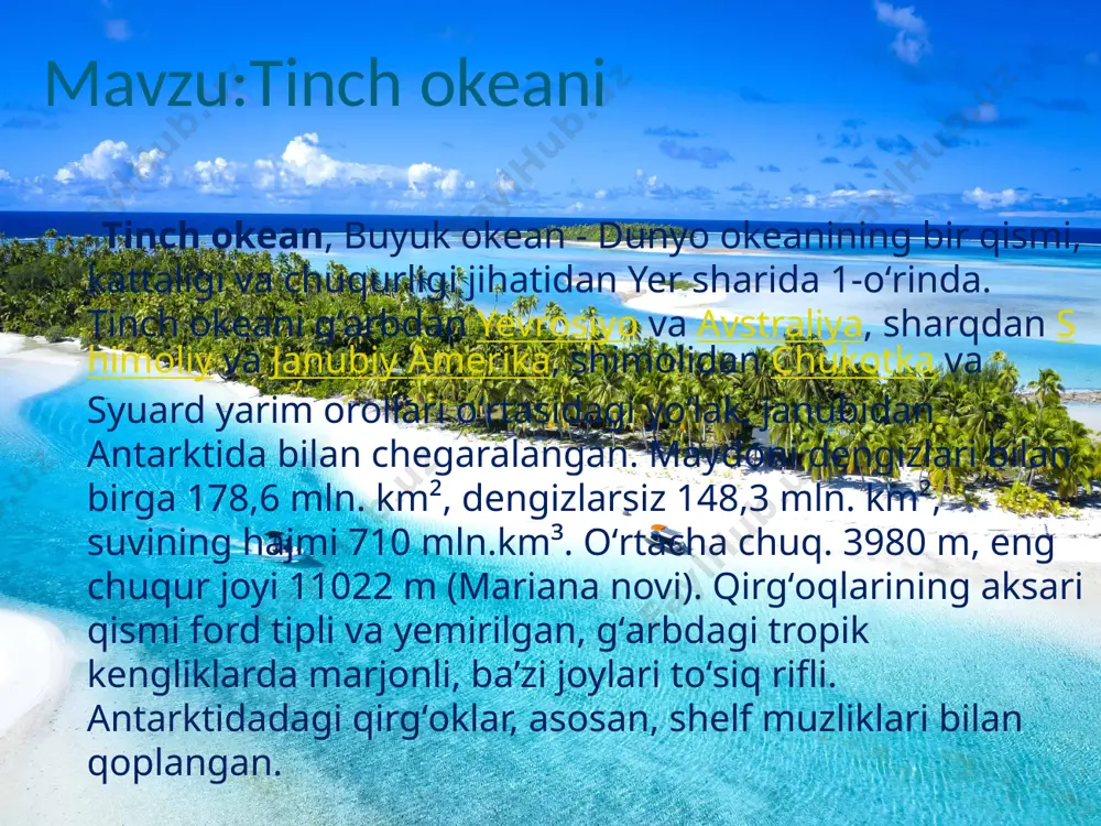 idagi orollar okeaniya deb nomlanadi. okean tubidagi choʻkindi jinslar tarkibi tektonika va okean tubi relyefi bilan bogʻliq. terrigen nurash materiallari va gilli choʻkindilar materiklarning suv ostidagi chekkalarida, dengizlar tubida va chukur suv osti novlarida koʻproq toʻplangan. choʻkindilar qalinligi okean qaʼrida va novlarda 2–3 km, bu esa tinch okeanini eng qad. okeanlardan biri ekanligini koʻrsatadi. kremniyli (diatom va diatomradiolyariyli) choʻkindilar fitoplanktonga boy zonalarda 3 ta kenglik mintaqasini hosil qiladi. pelagial qizil gillar 4500–5000 m dan ziyod chuqurliklarda uchraydi. tinch okeani gʻarbiy qismining tubida choʻkindilarga vulkan jinslari aralashgan. okean tubida foydali qazilmalardan neft, nodir metallar rudalari, qalay, temir va titantemir qumlari, oltin, temirmarganes gʻuddalari va boshqa uchraydi. tinch okeanining katta qismi subekvatorial, tropik, subtropik va moʻtadil iqlim mintaqalarida va qisman ekvatorial va subantarktika mintaqalarida joylashgan. shimolidan janubga katta masofaga choʻzilganligi tufayli iqlimi ham xilma-xil. tinch okeani ustidagi atmosfera sirkulyatsiyasi 4 ta asosiy atmosfera bosimi oblasti: aleut minimumi, shimoliy tinch okean, janubiy tinch …