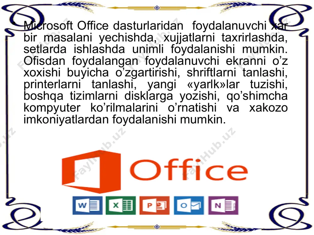 rlar kiradi: ms word- har xil ko’rinishdagi oddiy va murakkab matnlarni taxrirlashga muljallangan matn muxxarri. ms excel- har ko’rinishdagi hisob-kitobli ma‘lumotlar bilan ishlashga muljallangan elektron jadvalli dastur. ms powerpoint- ma‘lumotlarni taqdimot, reklama qilishga muljallangan taqdimot dasturi. ms access- ma‘lumotlar ombori (bazasi) bilan ishlashga muljallangan dastur. ms publisher- xar xil tipdagi noshirlik ishlarini bajarishga muljallangan muxarrir dastur. ms outlook- elekton pachtadan foydalanishga muljallangan dastur va xakazo. office dasturlar paketini o’rnatishda yuqorida ko’rsatilgan dasturlarni tanlash orqali, ya‘ni keraklisini o’rnatish orqali kompyuter qattiq diskidagi joyni tejash mumkin. microsoft word matn muharriri windows operatsion tizimida ishlashga mo’ljallangan amaliy dasturlardan biri. uni ishga tushirish uchun biz пуск menyusiga kirib программы bo’limni tanlaymiz va shu bo’limda microsoft word dasturni tanlaymiz, yoki с: diskdagi programm files ichidagi microsoft office papka ichidagi winword.exe faylni ishga tushiramiz. natijada dastur ishga tushadi. dastur ishga tushgach siz ekranda uning oynasini ko’rasiz. oynaning asosiy qismlari bu nom satri, menyu satri, yordamchi tugmalar …