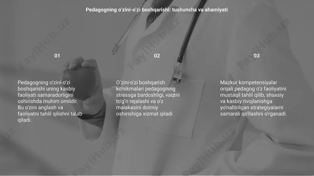 rejalashtirishi va malakasini oshirishi mumkin bo‘ladi. refleksiya va o‘z-o‘zini baholash metodlari 1.7.2013 ‹#› pedagogning o‘zini-o‘zi boshqarishi — bu kasbiy stress, charchoq va hissiy zo‘riqishlarni oldini olish uchun zarur bo‘lgan muhim ko‘nikmadir. bu jarayon pedagogga o‘z his-tuyg‘ularini nazorat qilish, vaqtni to‘g‘ri boshqarish va kasbiy faoliyatini samarali yo‘lga qo‘yishga yordam beradi. pedagoglarga har kuni ertalab qisqa meditatsiya, nafas mashqlari yoki kunlik rejalashtirish amaliyotlarini bajarish tavsiya etiladi. bular ruhiy barqarorlikni ta’minlaydi hamda kun davomida erishiladigan maqsadlarga motivatsiyani oshiradi. tanaffuslar paytida jismoniy mashqlar, do‘stona muloqotlar va ijodiy faoliyat yordamida hissiy tushkunlik oldini olish mumkin. o‘zini qadrlash ham rivojlanishga xizmat qiladi. pedagoglar uchun tavsiyalar va amaliy mashqlar 1.7.2013 ‹#› e’tiboringiz uchun rahmat 1.7.2013 ‹#› image1.png image2.png image3.png image4.png image5.svg image6.png image7.svg image8.png image9.svg image10.jpeg vagziiousa8.mp4 image11.png image12.svg image20.png image21.svg image13.png image14.png image15.svg image16.png image17.svg image18.png image19.svg image22.png image23.svg image24.png image25.png image26.svg image27.png image28.svg image29.png image30.svg image38.svg image31.png image32.svg image33.png image34.svg image35.png image36.svg image37.png image39.png /docprops/thumbnail.jpeg