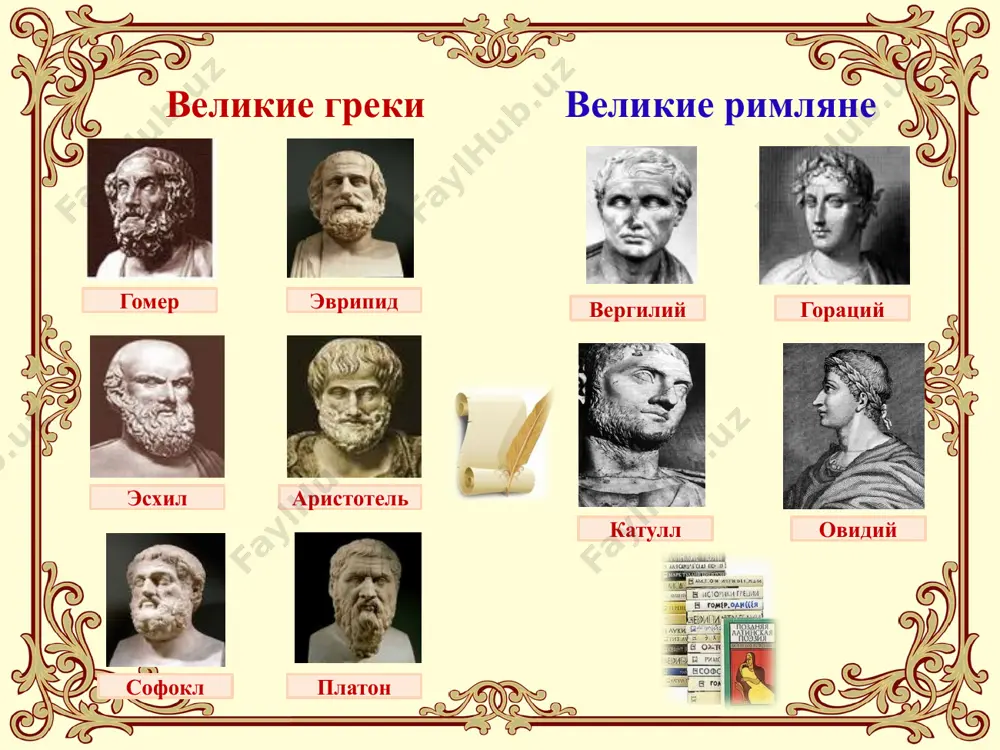 армоническом единстве некий эпический мир и героев-богатырей лирика – (от греч. lyra – музыкальный инструмент, под аккомпанемент которого исполнялись стихи) обозначает поэтические произведения небольшого объема, в которых выражаются чувства и мысли автора. древнегреческая литература лирический поэт древнегреческая лирика (элегия, ямб, мелос) жанры лирики элегия эпиграмма эпиталама идиллия гимн ода жанры древнегреческойдрамы: трагедия комедия сатировская драма древнегреческий театр древнеримская литература древнеримская литература – это литература на латинском языке, первые дошедшие до нас памятники которой относятся к iii в. до н.э. «золотой век» древнеримской литературы – i в. до н.э. к этому времени относятся высшие достижения в области поэзии (катулл, вергилий, овидий, гораций) и прозы (цицерон, юлий цезарь) гораций публий верглий марон овидий значение элементы античной культуры органически присутствуют в нашем мышлении, общественной жизни, языке, художественных образах. основой многих алфавитов стала греческая и латинская письменность. во времена античности были созданы богатая мифология, великолепная литература, изумительный театр, танец, музыка, архитектура, скульптура, живопись. античные …
