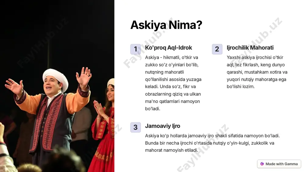 skiya va lof asrlar davomida xalq og'zaki ijodi an'analari orqali odam-odam, avlod-avlod o'tib keldi. ular xalq madaniyatining ajralmas qismi bo'lib qoldi. https://gamma.app/?utm_source=made-with-gamma askiya va lofning asosiy farqlari 1 aql-idrok askiya fikr va so'z mahoratiga, lof esa badiiy-obrazli ifoda va ko'ngillilikka asoslanadi. 2 qahramon askiyada aqlli va donishmand qahramon, lofda esa mug'ombirlik va kuch-quvvatni namoyon etuvchi qahramon mavjud. 3 ijro shakli askiya ko'p ijrochili, lof esa bir ijrochili an'anaviy shakl sifatida namoyon bo'ladi. https://gamma.app/?utm_source=made-with-gamma askiya va lofning ijtimoiy funksiyalari ijtimoiy muloqot askiya va lof xalq orasidagi muloqotni yaxshilash, ijtimoiy aloqalarni mustahkamlash va ma'naviy-axloqiy qadriyatlarni yetkazishda muhim rol o'ynaydi. quvnoqlik va sog'lom muxit bu an'analar odamlarda quvnoqlik, ijodkorlik va sog'lom dunyoqarashni shakllantiradi. ular hayotning qiyinchiliklaridan vaqtincha xalos bo'lishga imkon beradi. milliy identitet askiya va lof o'zbek madaniyatining ajralmas qismi bo'lib, ular milliy o'zlikni anglash va saqlab qolishda muhim ahamiyat kasb etadi. https://gamma.app/?utm_source=made-with-gamma askiya va lofning madaniy mentalitetdagi o'rni jamoa ruhiyati askiya va …