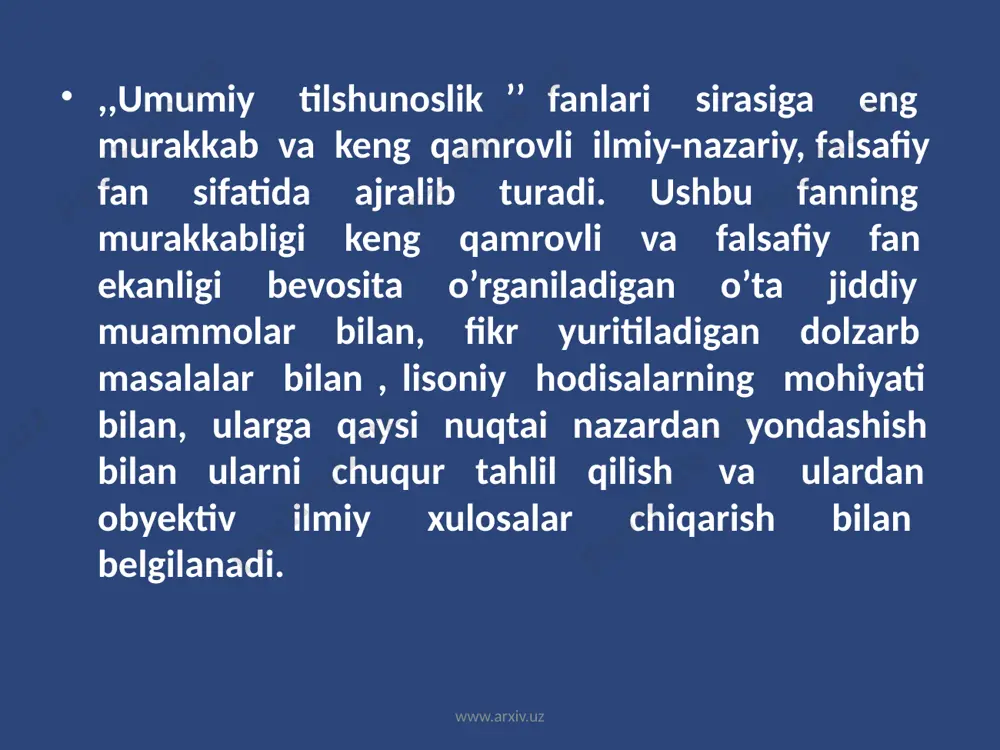 sh va talaffuzi), sotsial (ma‘no ajratish). bulardan uchinchi tomoni hal qiluvchi ahamiyatga ega. zamonaviy fonologiya faqat shu jihatnigina e‘tiborga oladi. chunki, akustik va artikulyatsion-fiziologik jihatlar bevosita nutq bilan bog’liq. boshqa lisoniy birliklar kabi fonemalar ham paradigmatik va sintagmatik munosabatlarda yashaydi. bular fonologik paradigmatika va fonologik sintagmatika deyiladi. deyiladi. www.arxiv.uz o‘zaro qarama-qarshi belgilarga ega bo‘lgan, biroq umumiy, integral belgilari asosida birlashgan bir tipdagi fonemalar sirasi fonologik paradigma, fonemalarning o‘zaro munosabatlari fonologik paradigmatik munosabat deyiladi. fonologik paradigmaning markazida fonologik ziddiyatlar turadi. fonologik ziddiyat (oppozitsiya)lar fonemalarning farqli belgilarini ifodalaydi. masalan, o‘zbek tilidagi unli fonemalar bir umumiy belgi - «o‘pkadan kelayotgan havoning tovush paychalariga urilish natijasida hosil bo‘lgan ovozning og‘iz bo‘shlig‘ida to‘siqqa uchramay chiqishidan vujudga keladigan tovush tiplari» invariant xossasiga ega va u 6 ta unli fonema uchun ham amal qiladi. www.arxiv.uz biroq bu mohiyat ostida birlashgan fonemalar o‘zaro zidlanib, kichik guruhlar hosil qiladi. [i] va [u] «yuqori tor» belgisi bilan «o‘rta keng» xossasiga …