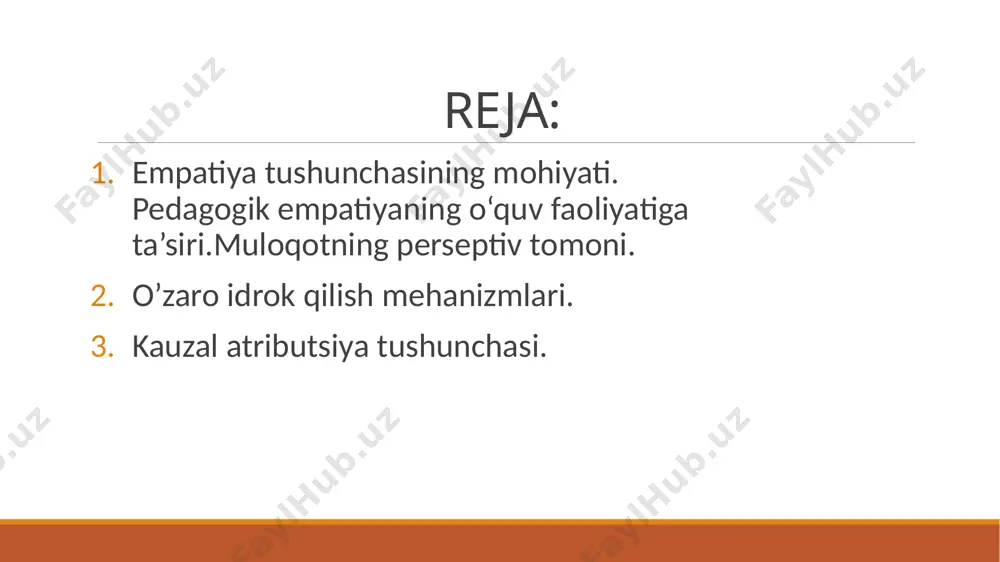 shini uning ta’rifmi subyektning o'z ta’rifiga anglanilgan yoki anglanilmagan tarzda o'xshatilishi orqali tushunish usulidir.(abiturientni his qilish) refleksiya — (lotincha «aks ettirish») — o'z fikr va kechinmalarini tahlil qilish va mulohaza yuritish, ya’ni muloqotga kirishuvchining suhbatdoshi uni qanday idrok etayotganligini anglashi. kishining kishi tomonidan idrok qilinishini ikkilangan oynadagi aks ettirishga o'xshatish mumkin. odam boshqa kishini aks ettirar ekan, shu bilan birga o'zini ham aks ettiradi. stereotipizatsiya — (grekcha «o‘zgarishsiz, takrorlanish») stereotipga mos ma’lum yoki taxminan ma’lum bo‘lgan voqealarni tiklash, nisbat berish yo'li bilan xulq normalarini tasniflash va ularning sabablarini izohlash. ba’zan muomala jarayonida noto‘g‘ri stereotip vujudga keladi.(a.a.bodalyev) kauzal atributsiya- boshqa kishining harakatlarini tushuntirish uchun faoliyat motivlari, his-tuyg'ular, intilish va fikrlashning o'ylab chiqarilishi kauzal atributsiya deb ataladi. kauzal atributsiya — lotincha «causa» — sabab va «atributto» — in’om etaman, degan ma’noni bildiradi. kauzal atributsiya — ijtimoiy persepsiya subyektining boshqa insonlar xulq-atvori va motivlarini talqin etishidir. odam kuzatish orqali idrok etilayotgan kishi haqida …