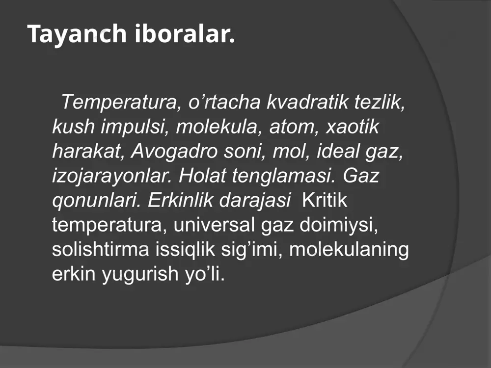 kislik bo’ylab harakatlansa va bunda ixtiyoriy aylanish imkoniga ega bo’lsa, (masalan, dumalayotgan koptok ), u holda uning erkinlik darajalari soni beshtaga teng (ikkita ilgarilanma va uchta aylanma) bo’ladi. temir yo’l vagoni faqat bitta erkinlik darajasiga ega, chunki u faqat yo’l bo’ylab harakat qila oladi. bu vagon g’ildiragini esa erkinlik darajalari soni ikkita: ilgarilanma (vagon bilan birgalikda ) va aylanma (gorizantal o’q atrofida ). demak, har qanday gaz massasini ichki energiyasi uning molekulasi erkinlik darajalari soniga, uning absolyut temperaturasiga va massasiga proporsional ekan. ichki energiya va ish e`tiboringiz uchun rahmat! image4.jpeg image5.png image6.png image7.png image8.png image9.png image10.png image11.png image12.png image13.png image14.png image15.png image16.png image17.png image18.png image19.png image20.png image21.png image22.png image23.png image24.png image25.png image26.png image27.png image28.png image29.png image30.png