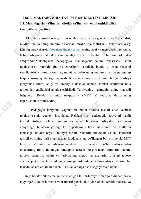 an ta’lim-tarbiya ishlariga oldindan puxta tayyorgarlik ko’rish metod va usullarni yaxshilab o’ylab olish, kerakli material va jihozlarni tayyorlash imkonini yaratadi. tarbiyachi rejalashtirgan hamma ishlar har bir bolaning har tomonlama rivojlanishini ta'minlashi lozim. shu bilan birga reja qotib qolgan narsa bo’lmay, vaziyatdan kelib chiqib, unga o’zgarishlar kiritish mumkin.shuning uchun mttda bir-birini to’ldiradigan bir necha xil reja tuziladi: mttning yillik rejasi, istiqbol rejasi va tarbiyachining kalendar rejasi. yillik reja asosan mtt mudirasi, metodist tarbiyachi tomonidan tuzilib, bolalar muassasasida amalga oshiriladigan barcha ishlarni o’z ichiga oladi. lstiqbol rejasi 1-3 oyga mo'ljallangan bo’lib, undan ko’zlangan asosiy maqsad bolalar bilan olib boriladigan ta'lim-tarbiya ishlarini tartibga solish va uning ma'lum maksadga qaratilgan va samarali bo’lishini ta'minlashdir. unda « mtt da ta'lim- tarbiya dasturi»ning hamma bo’limllari o’z aksini topadi.lstiqbol rejasida dasturning hamma bo’limlari bo’yicha amalga oshirilishi lozim bo’lgan ta'lim-tarbiya ishlari tizimi bolalar faoliyatining hamma turlarida anik mavzular buyicha belgilab chiqiladi.kalendar reja 10-12 kunga tuziladi kun davomida amalga …