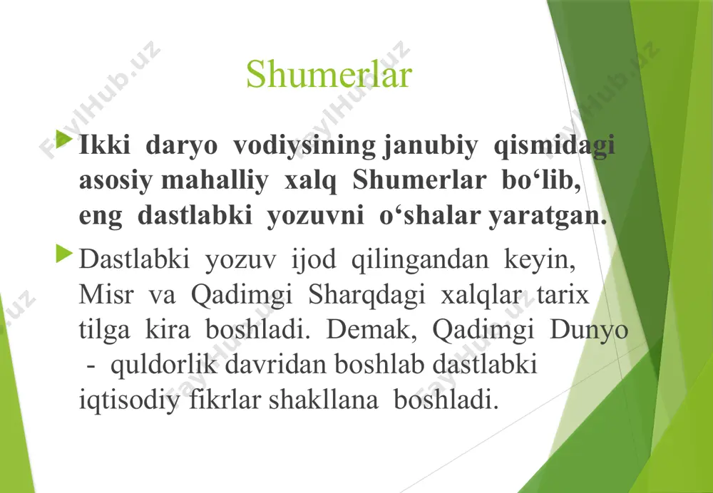 nlikka erishishi zikr etilgan. qonunda sudxo‘rlarga qonunda sudxo‘rlar zo‘ravonligiga qarshi qaratilgan moddalar ham mavjud. hosil kam bo‘lgan paytlarda qarzlarni to‘lash muddatini bir yilga cho‘zishga ruxsat berilgan (qo‘shimcha foiz to'lovisiz). xammurapi qonunlarida sudxo‘rlar o‘z holicha, qarzdorlarning ruxsatisiz qarz evaziga ularning hosilini tortib olishi man etilgan. sudxo‘rlikning keng rivojlanishiga to‘sqinlik sudxo‘rlikning keng rivojlanishiga to‘sqinlik qiluvchi asosiy omillardan biri qarzdorlik uchun qullik muhlatining uch yil bilan cheklanishidir (to‘rtinchi yili unga erkinlik berilishi lozim bo‘lgan). biroq sudxo‘rlikka qarshi qonunchilikda izchillik bo‘lmagan. xususan, qarzdorni ozod etishda uni ishlab chiqarish yoki yashash vositalari bilan ta’minlash nazarda tutilmagan. shunday qilib, eski bobil podsholigi qonunlarida davlat tartiblashining va aholi iqtisodiy faoliyatini nazorat qilishning turli shakllari ko‘zda tutilgan. ular real iqtisodiy jarayonlarga, tovar-pul munosabatlarining rivojlanishiga, fuqarolar mulkini himoya qilishga o‘zining ijobiy ta‘sirini korsatdi. qadimgi sharqdagi iqtisodiy fikrlar qadimgi misr afrikaning shimoliy-sharqida, nil daryosining quyi oqimida joylashgan qadimiy davlat. miloddan avvalgi 10-6 ming yillikda nil atrofidagi savannalarda tarqoq yashagan qabilalar …
