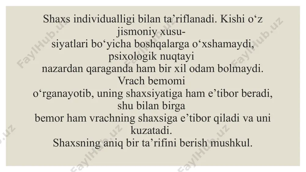 ridan tashqari, ularning ijtimoiy mavqei va kengligi ham ahamiyatlidir. qiziqishi chegaralangan odamlar faqat o‘z hunari bilan cheklanib qoladi. boshqa hech narsa deyarli ulami qiziqtirmaydi. qiziqish doirasi keng bo‘lgan odam ko'proq bilishga intiladi. u fan- texnikaning turli xil sohalarini egallab, ijtimoiy-siyosiy masalalar, san’at hamda sport bilan qiziqadi. lekin sanab o‘tilgan barcha qiziqishlar bir xil qimmatga ega bo‘lmaydi. ulardan biri asosiy, qolganlari ikkinchi darajali ahamiyatga ega bo'ladi. chunonchi, vrach uchun quyidagi fanlar — anatomiya, terapiya, farmakologiya, psixolo- giya eng diqqatga sazovor sanalsa, unga siyosat, musiqa, sport, she’riyat, ov qilish bilan qiziqishiga xalaqit bermaydi buyuk shaxslar aql-zakovati va ilmi bilan, ko‘pincha, avliyo darajasigacha yetgan bo ‘ladi. ahmad yassaviy, bahouddin naqshbandiy, najmiddin kubro, jbn sino, al-xorazmiy, imom buxoriy kabi allomalami bunga misol qilib ko‘rsatish mumkin. har bir odamning dunyoqarashi ko‘proq uning biror maqsadga intilishi, tarbiyasi, orttirgan bilimlari va hayot tajribasiga bog‘liq. ko'pchilik olimlarning yutuqlarida shaxsi muhim ahamiyatga egaligi ilm-fan rivojlanishiga katta ta’sir ko‘rsatishi aytib …