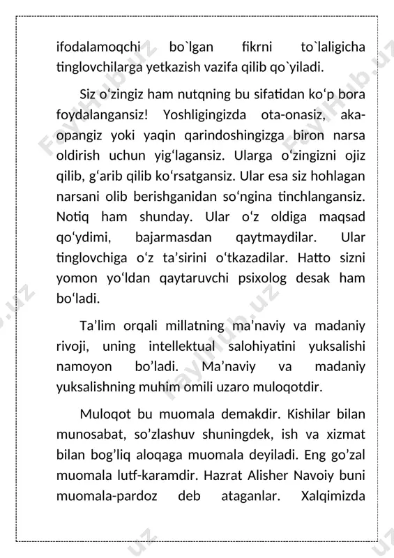 odalilik, boylik soflik kabi qator sifatlar mavjud bo’lib, ularning barchasini o’zida mujassamlashtirgan nutq madaniy hisoblanadi. har qanday nutqning asosiy maqsadi muayyan axborotni tinglovchiga etkazish, shu yo’l bilan unga ta’sir qilishdan iborat bo’lib, mazkur sifatlarning jami nutqning ta’sirchanligini yuzaga keltiradi. xulosa qilib aytganda, har bir o’qituvchida nutq madaniyati bo’lishi zarur, chunki har bir o’qituvchi o’z nutqi, chiroyli va ravon o’qishi, muomala madaniyati bilan o’z o’quchilariga namuna bo’ladi. zamon talabidan kelib chiqqan holda, o’qituvchi doimo o’zining nutq madaniyati ustida ishlashi va takomillashtirib borishi zarur. bu borada amerikalik siyosatchi va biznessmen d.uebsterning quyidagi fikrlarini eslab o’tishni joiz deb topdik: “menda bor bo’lgan barcha narsani olib qo’ying. menga so’zlash qobiliyatimni qoldirsangiz bas. shunda men tez orada barcha yo’qotgan narsalarimni qayta qo’lga kiritaman”. foydalanilgan adabiyotlar. 1. qo‘ng‘urov r., begmatov e., tojiyev yo. nutq madaniyati va uslubiyat asoslari, - t.: “fan”, 1992, 254 b. 2. м.аминов, а. мадвалиев, н.махкамов, н маҳмудов. иш юритиш (амалий қўлланма). тошкент, …