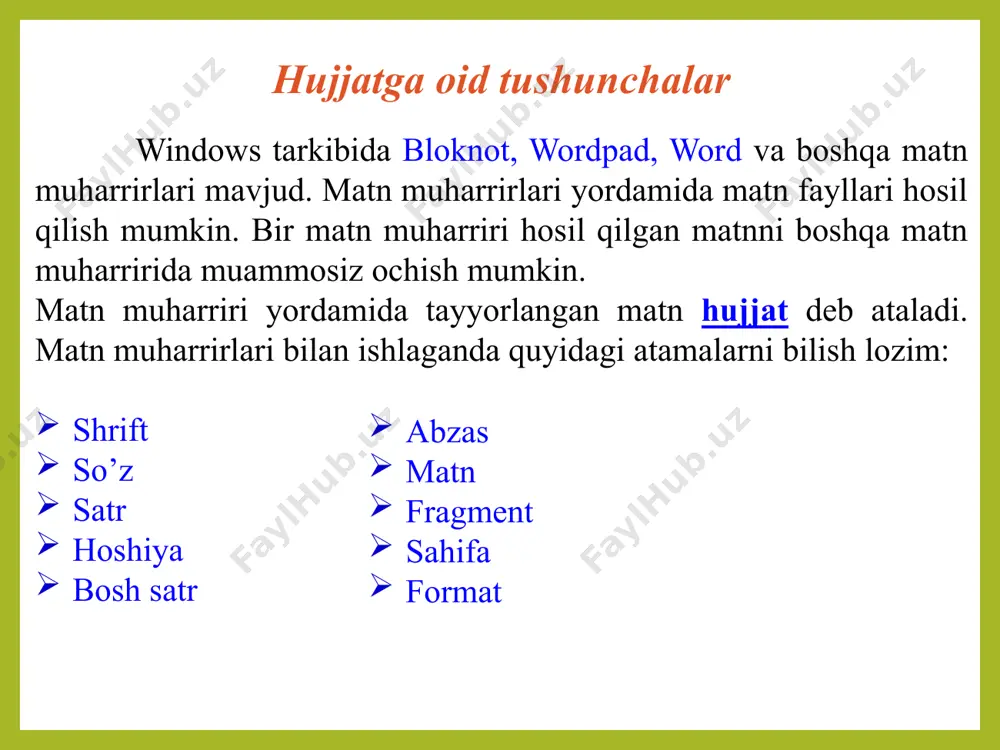 hiqarish - абзац - abzasni ichki tomonga tortib olish - внешние граници - abzas chegaralarini ramka bilan belgilash. - выделение цветом - tanlangan matn tagini rang bilan bo’yash - цвет шрифта - tanlangan matn harflar rangini o’zgartirish рисование bo’limi. рисование - bo‘limida geometrik figuralar chizish, matn rangi, fon rangi, matnlarni farmatlash mumkin. рисование bo’limi. - действия - grafik obyekt ustidan har xil amallar bajarish. - выбор объекта - grafik obyektni tanlash. - свободное вращение - grafik obyektni o’rtasi bo’yicha aylantirish - автофигуры - har xil grafik shakllarni qo’shish. - линия – to’g’ri chiziqlar chizish - стрелка - strelkalar chizish - прямоугольник – to’rtburchaklar chizish - овал - aylanalar chizish - надпись - ustki yozuvni qo’shish добавить объект word art - chiroyli, grafik jihozlangan va har xil shakllardagi matnlarni qo'shish. рисование bo’limi. - добавить картинку - rasm qo’shish. - цвет заливки - orqa fon rangni o’zgartirish - цвет линий - chiziqlar …